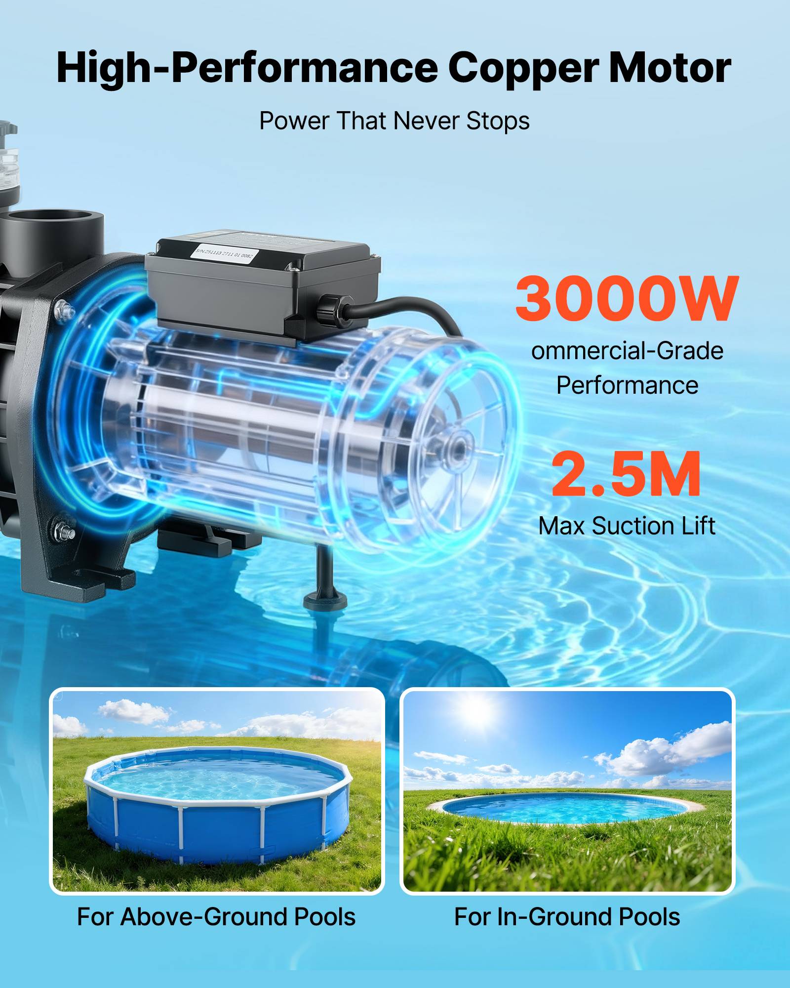 Vevor - VEVOR Pompe piscine 3000 W, 35000 L/h, hauteur 19 m, minuterie 24 h, panier filtrant, 220-240 V CA - Image 3