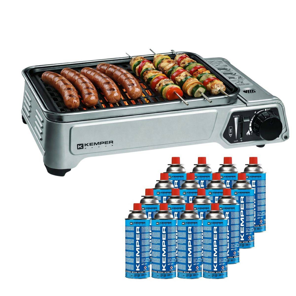 Barbecue à gaz 1900W Grille anti adhesive + 16 cartouches gaz camping KEMPER - Image 1