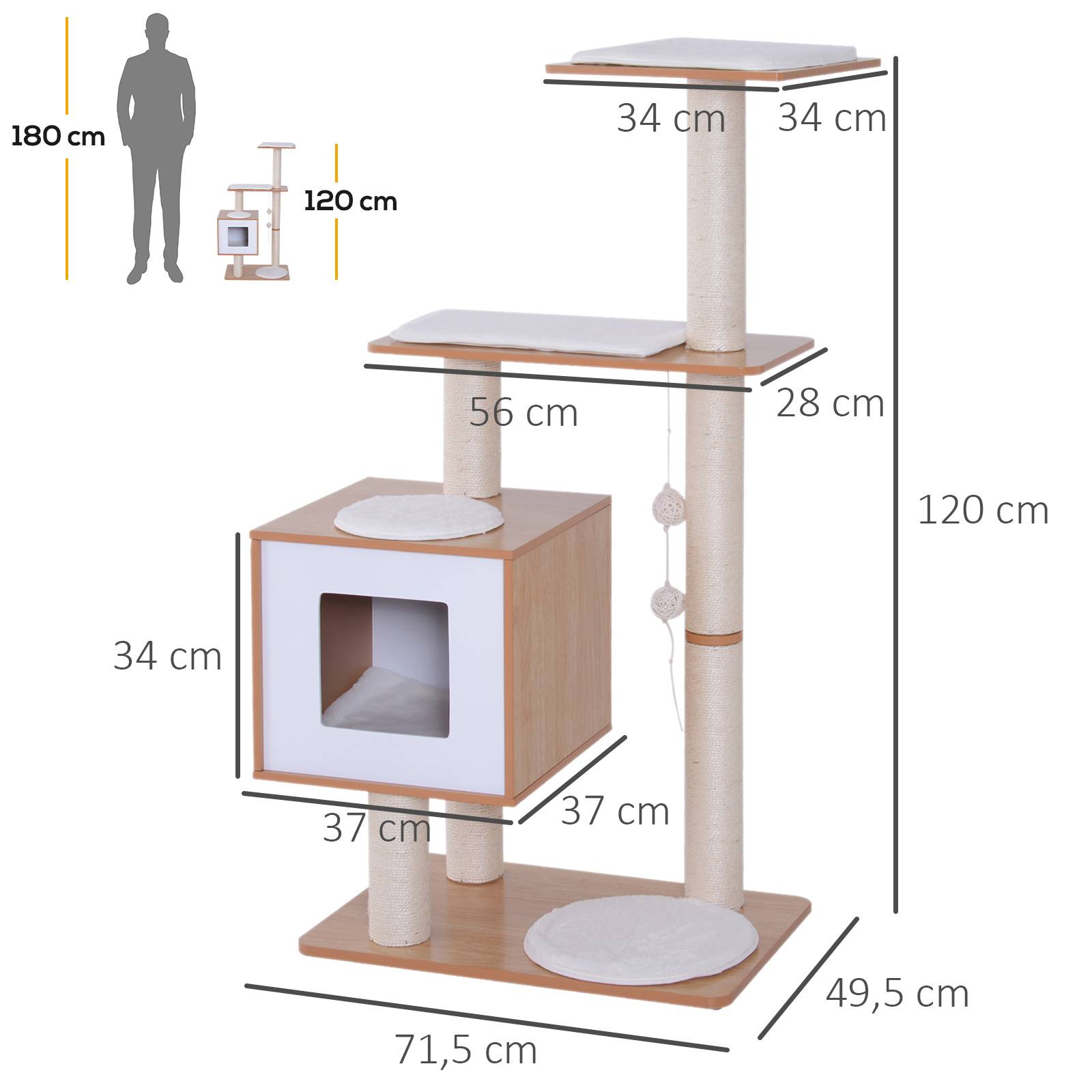 Pawhut - Arbre à chat design contemporain griffoirs grattoirs sisal naturel niche plate-formes jeu boules suspendues 71L x 49l x 120H cm MDF hêtre clair - Image 3