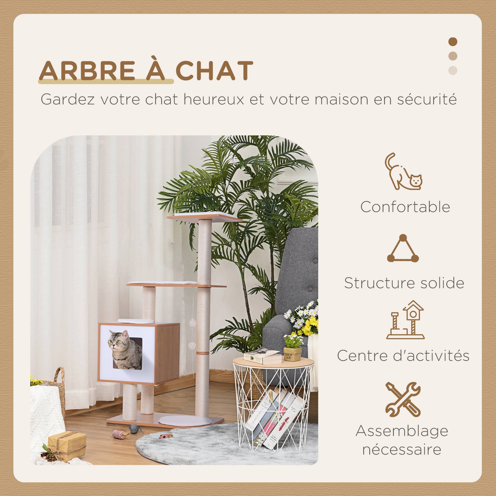 Pawhut - Arbre à chat design contemporain griffoirs grattoirs sisal naturel niche plate-formes jeu boules suspendues 71L x 49l x 120H cm MDF hêtre clair - Image 5