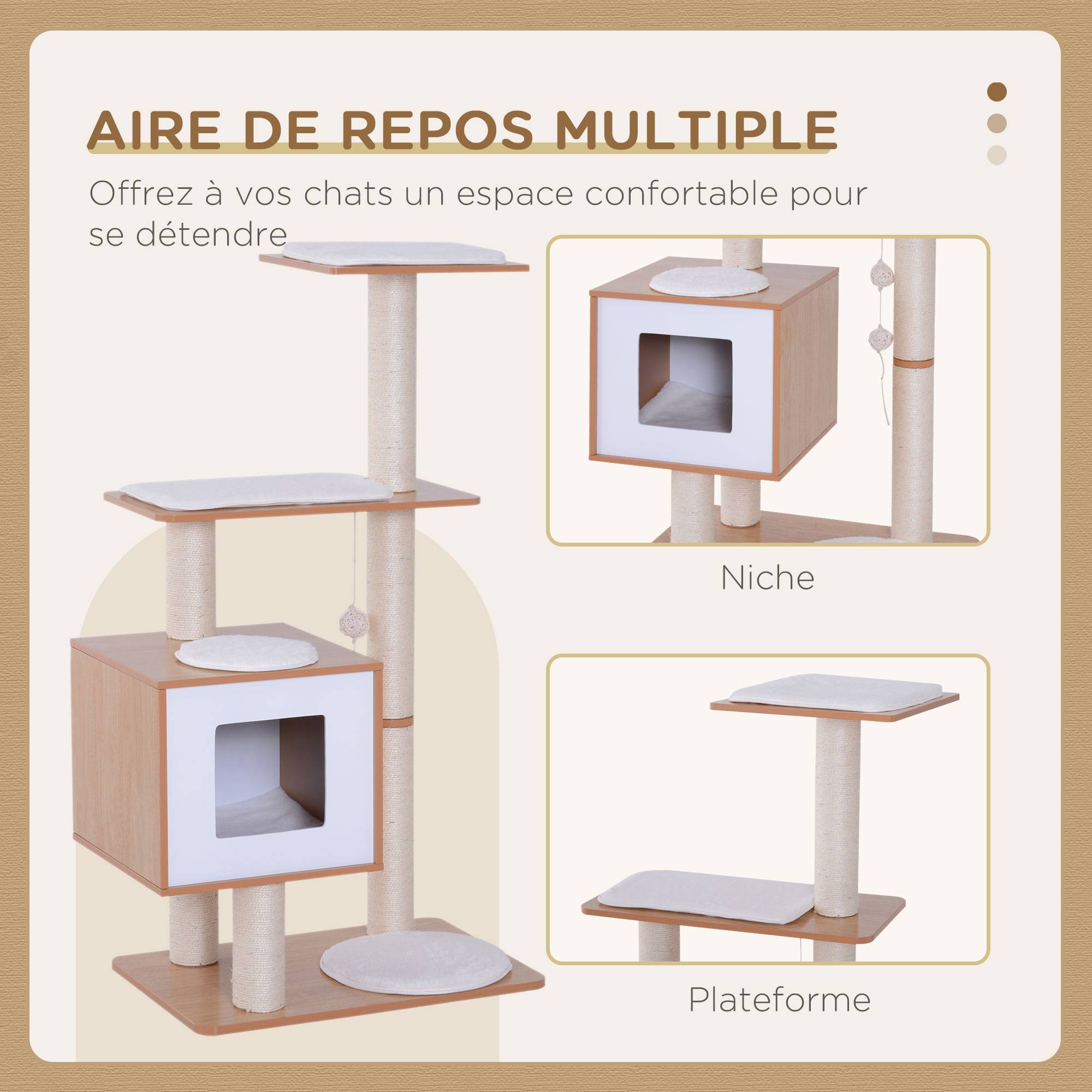 Pawhut - Arbre à chat design contemporain griffoirs grattoirs sisal naturel niche plate-formes jeu boules suspendues 71L x 49l x 120H cm MDF hêtre clair - Image 4
