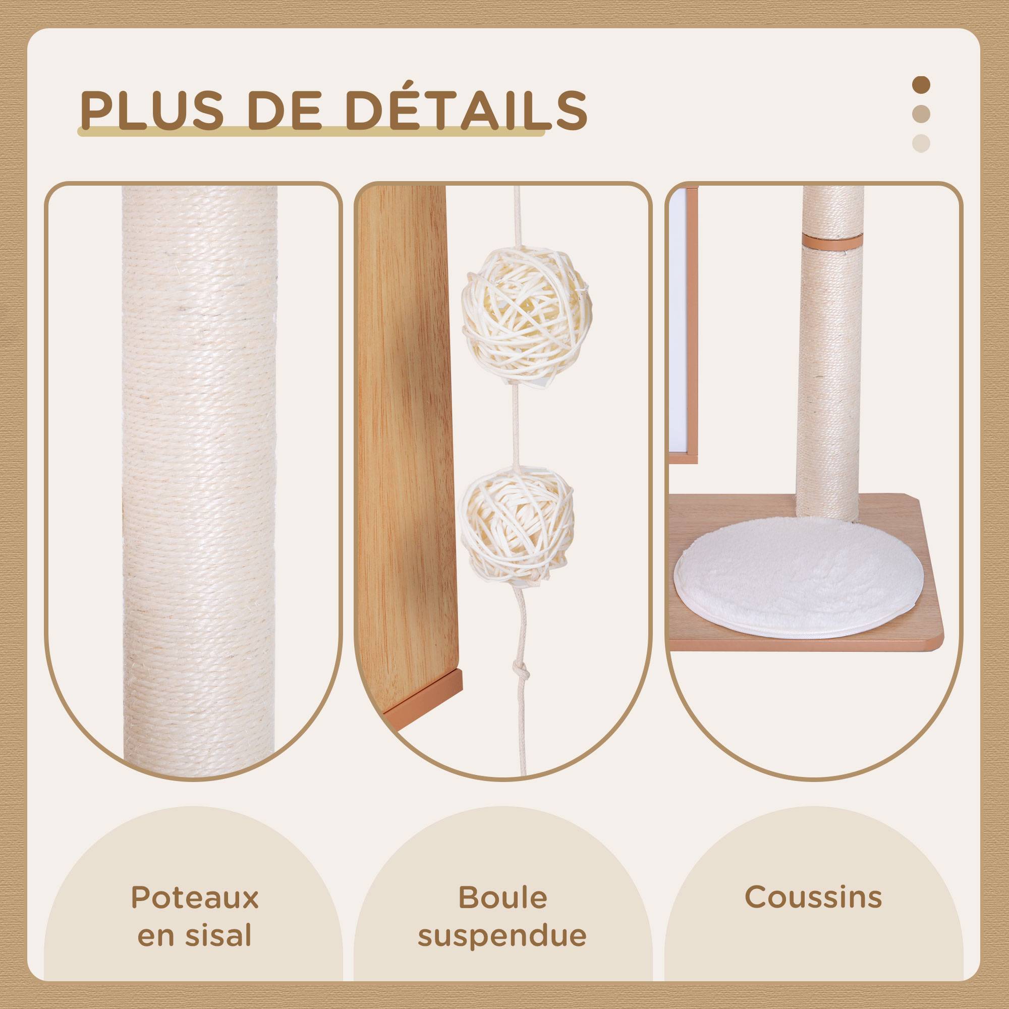 Pawhut - Arbre à chat design contemporain griffoirs grattoirs sisal naturel niche plate-formes jeu boules suspendues 71L x 49l x 120H cm MDF hêtre clair - Image 7