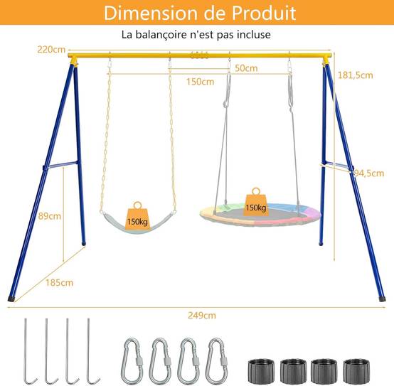 Portique de Balançoire pour Enfants en Forme de A Charge 300KG 249x185x181,5cm
