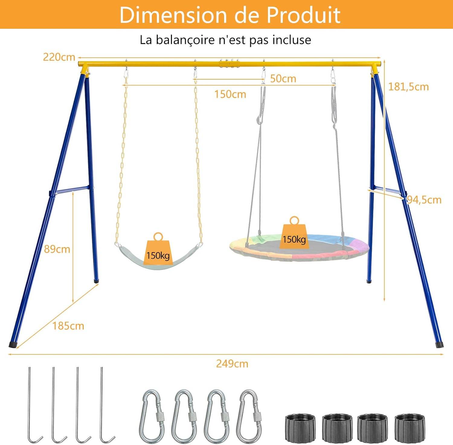 Portique de Balançoire pour Enfants en Forme de A Charge 300KG  249x185x181,5cm