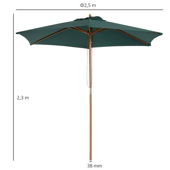 Parasol bois Ø250x230cm, exterieur, 6 baleines, systeme poulie, couleur vert - Image 5