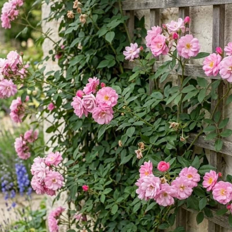 Rosier grimpant Pompon de Paris à fleurs Rose - feuillage Caduc - Pot de 3L - Echelle bambou 60/120 cm-  hauteur à maturité De 1,50 m à 2,00 m - Image 3