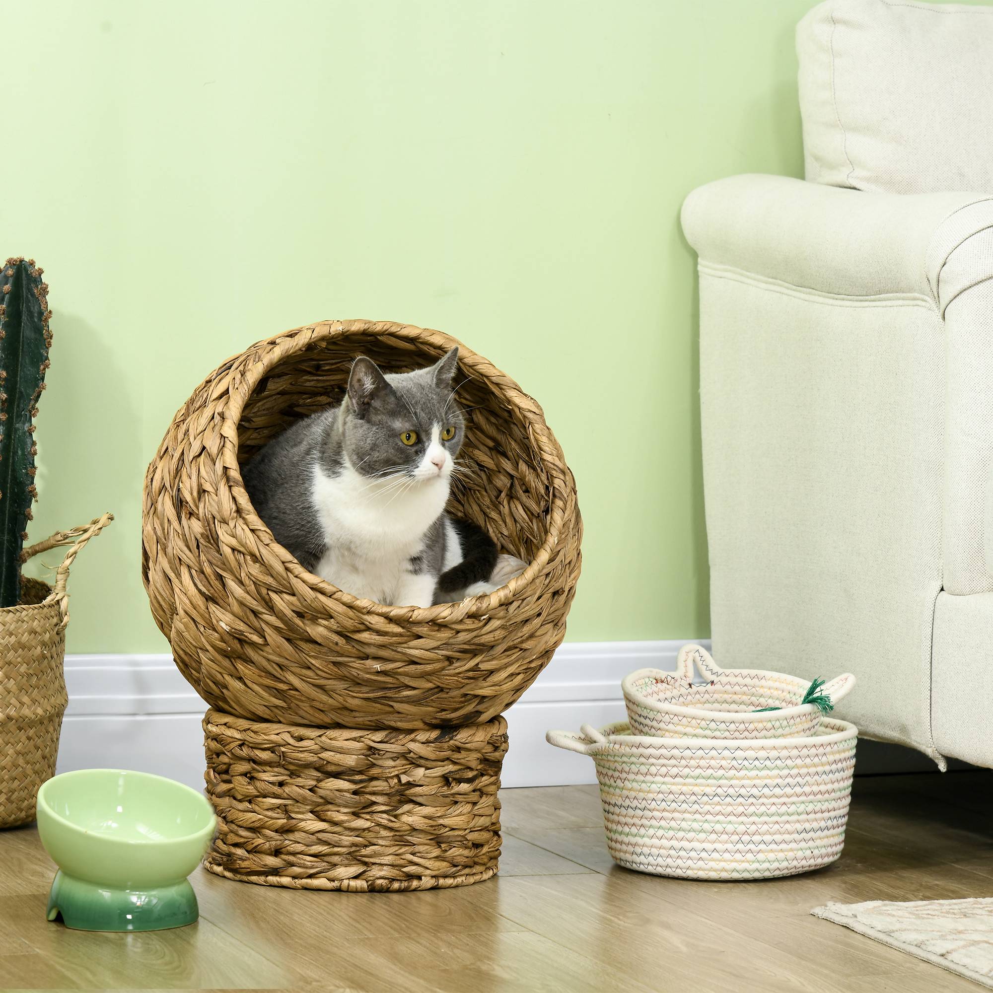 Sans Marque - Panier Rotin cachette chat maison lit avec coussin jacinthe d'eau Brun 40x37x51cm - Image 3