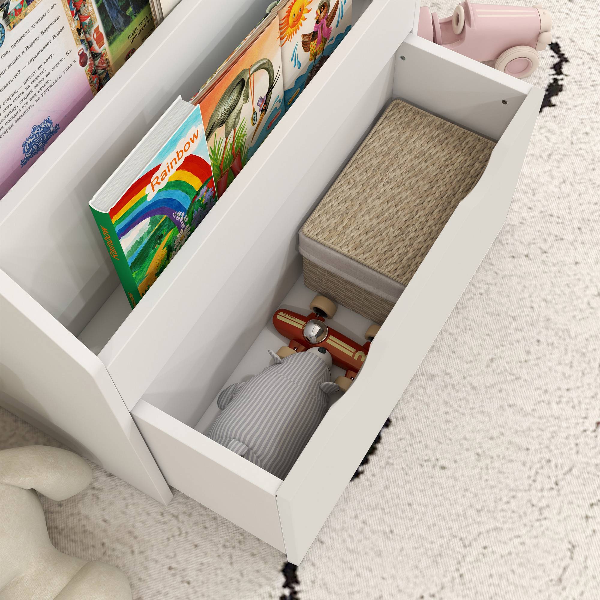 Bibliothèque enfant à 4 niveaux, avec 3 étagères et 1 tiroir à roulettes, 62,5 x 30 x 70 cm, blanche - Image 10