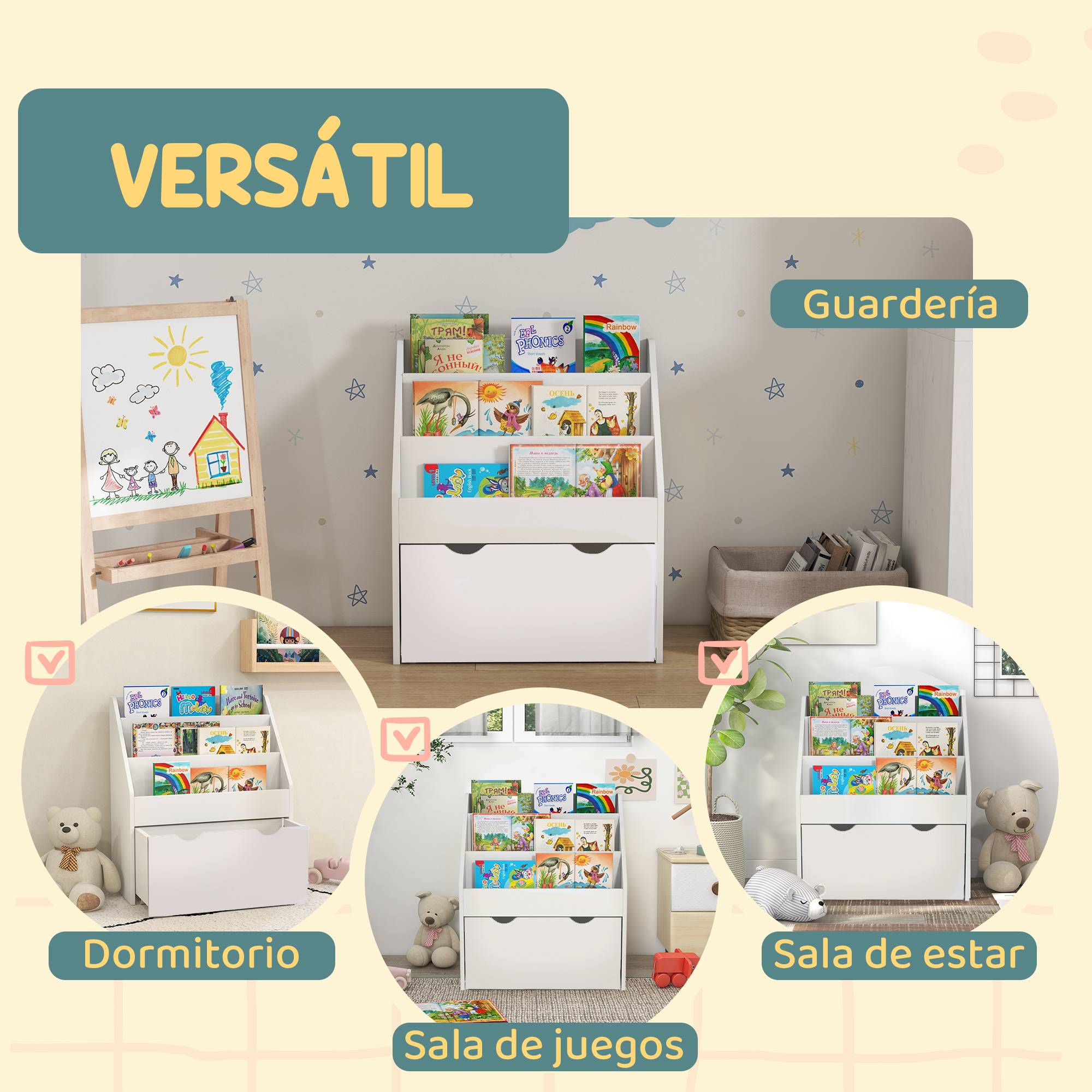 Bibliothèque enfant à 4 niveaux, avec 3 étagères et 1 tiroir à roulettes, 62,5 x 30 x 70 cm, blanche - Image 9