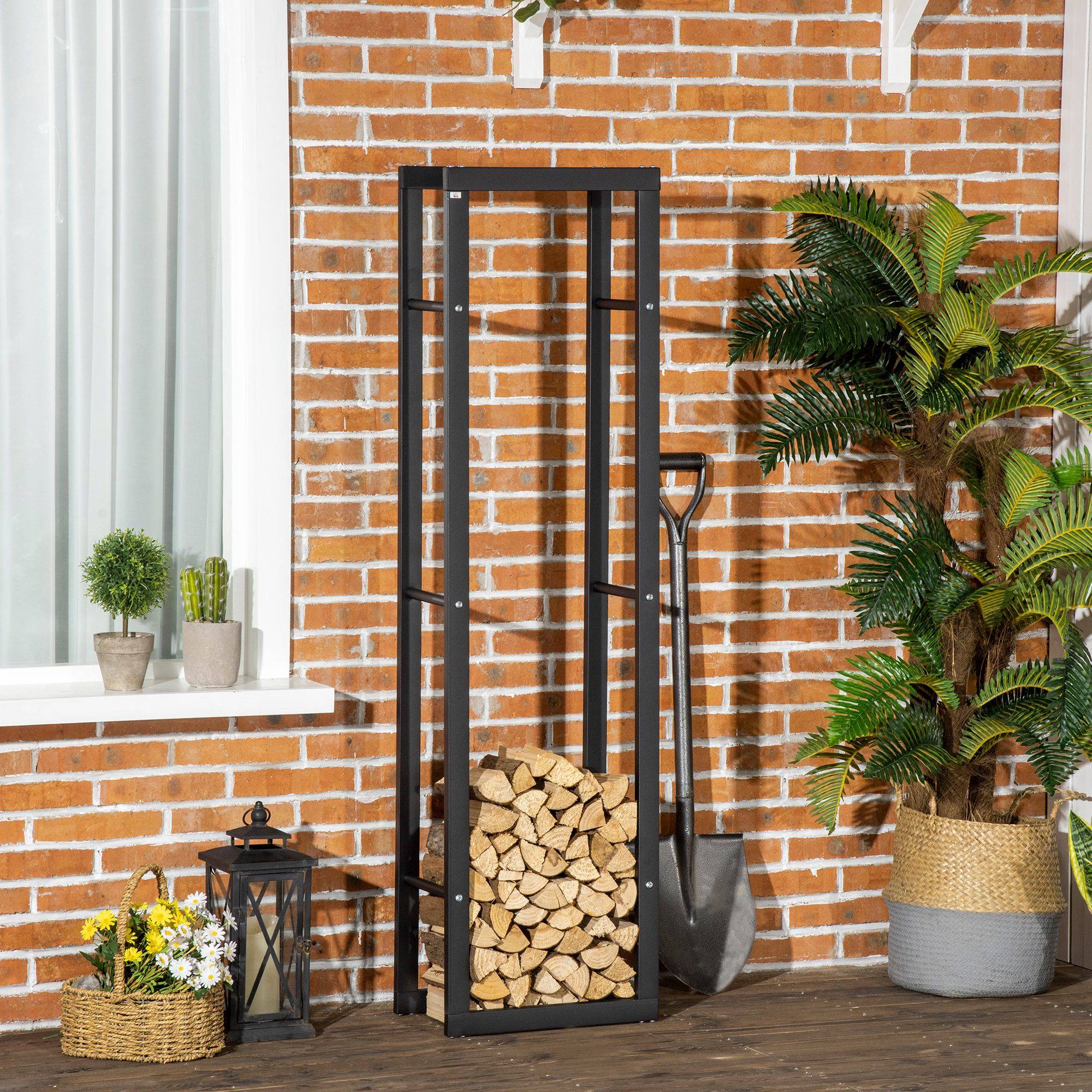 Support vertical à bûches en métal noir pour une utilisation intérieure et extérieure, capacité de charge maximale de 100 kg, 40 x 25 x 150 cm - Image 3