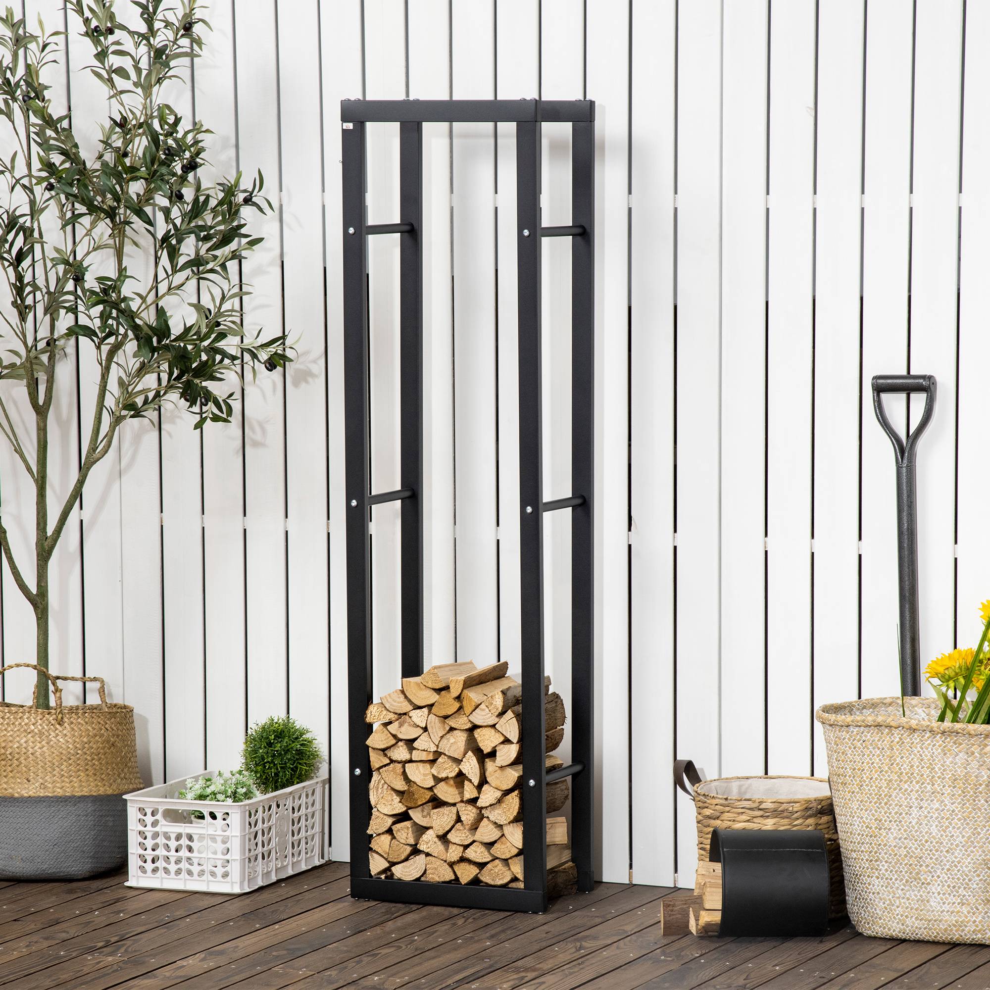 Support vertical à bûches en métal noir pour une utilisation intérieure et extérieure, capacité de charge maximale de 100 kg, 40 x 25 x 150 cm - Image 4