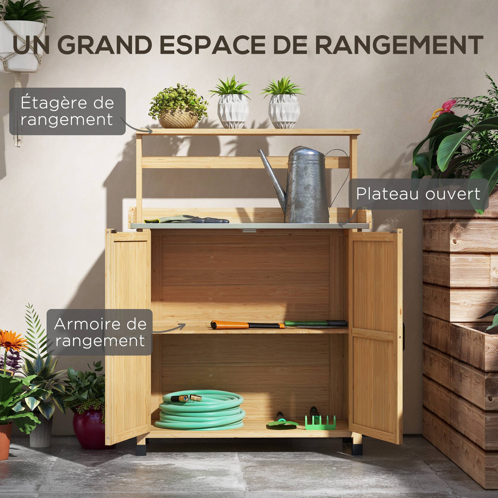 Maison Chic - Table de rempotage table de jardinage avec placard et étagères et plateau patins antidérapants en bois sapin jaune - Image 6