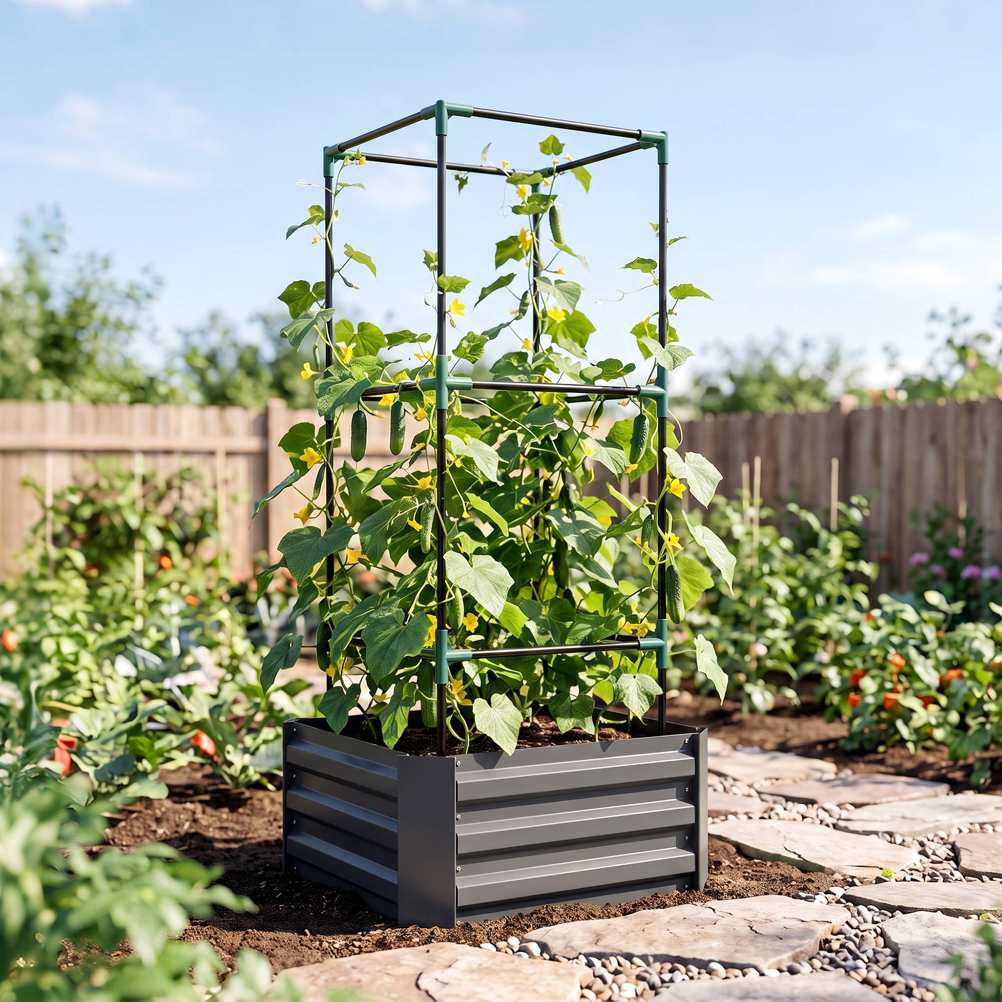 Potager surélevé avec treillis, sans fond, résistant, 61x61x140 cm, gris - Image 4