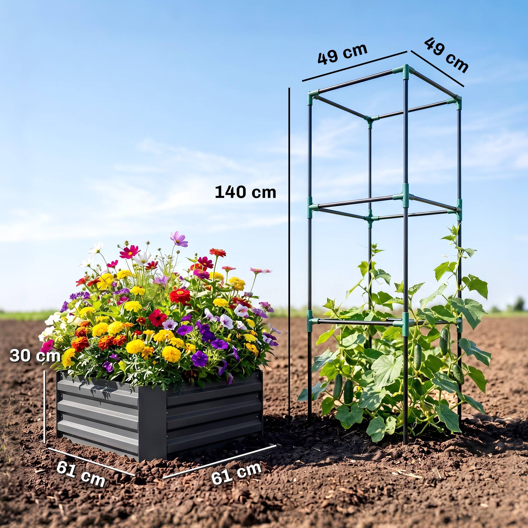 Potager surélevé avec treillis, sans fond, résistant, 61x61x140 cm, gris - Image 5
