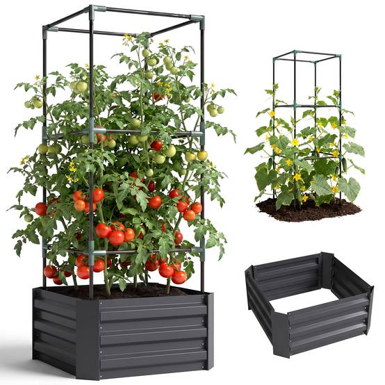 Potager surélevé avec treillis, sans fond, résistant, 61x61x140 cm, gris - Image 1