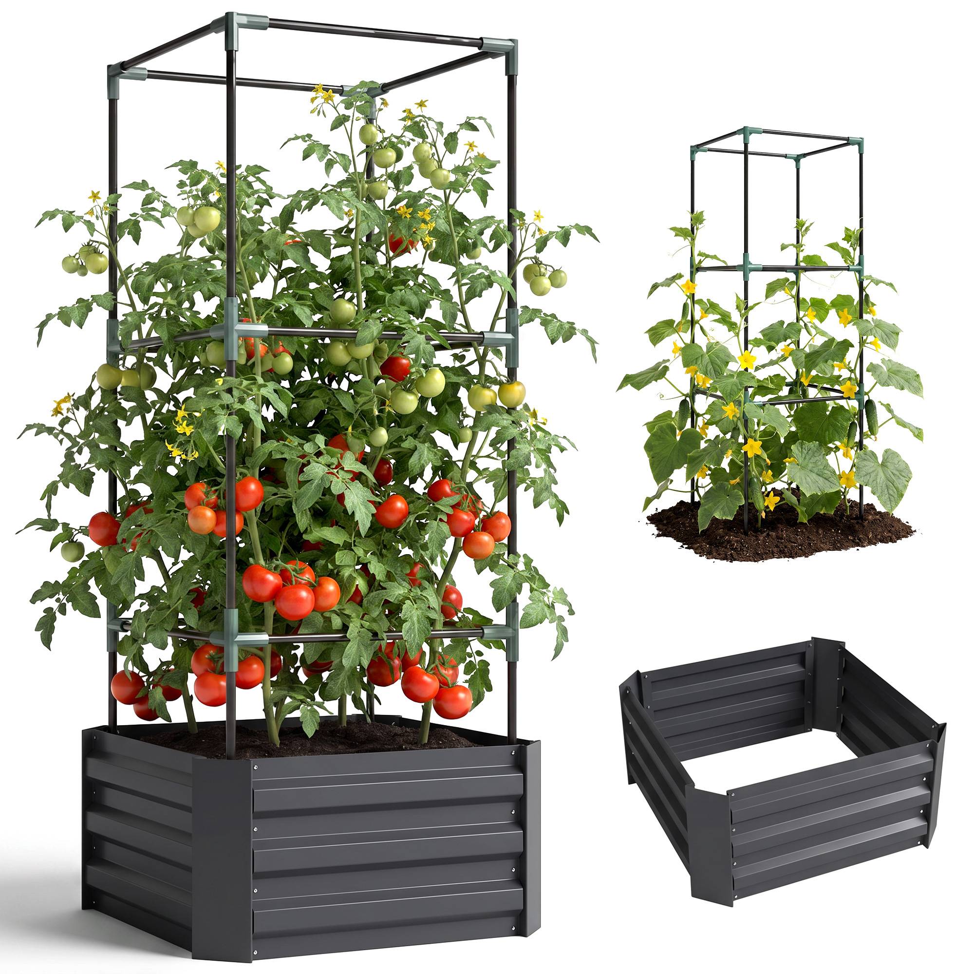 Potager surélevé avec treillis, sans fond, résistant, 61x61x140 cm, gris - Image 1