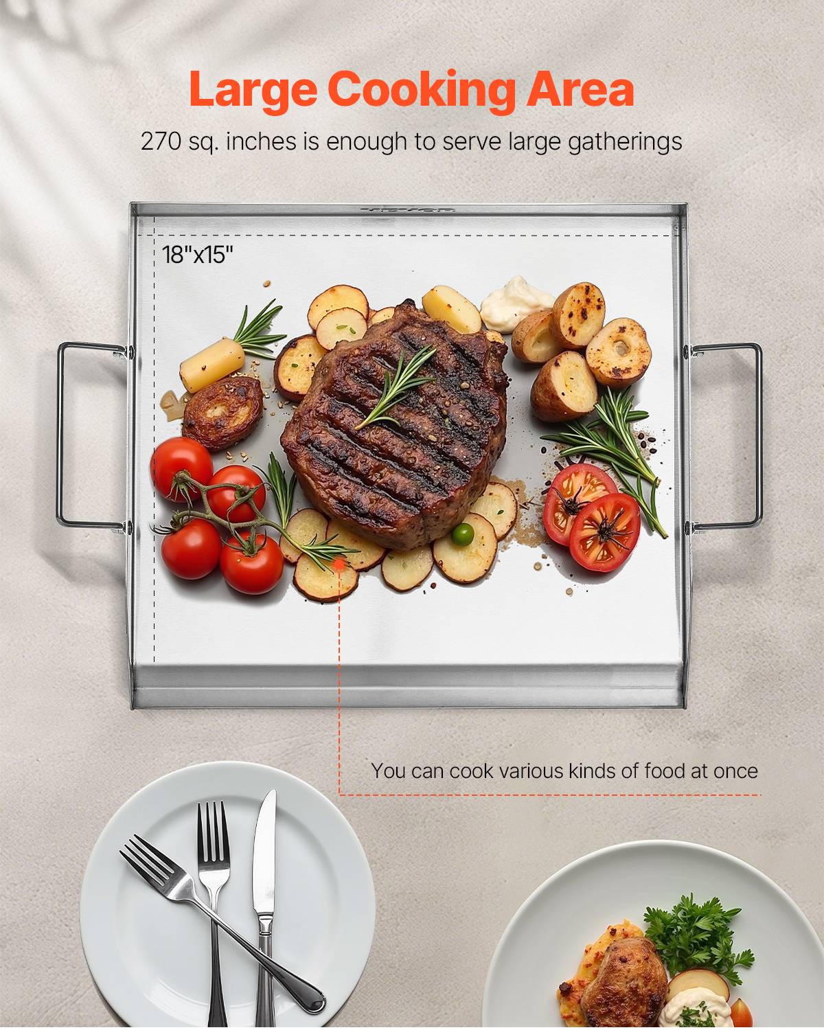 VEVOR Plaque cuisson acier inox, 448x370 mm, rectangulaire. Pour gaz, camping, fête. - Image 4