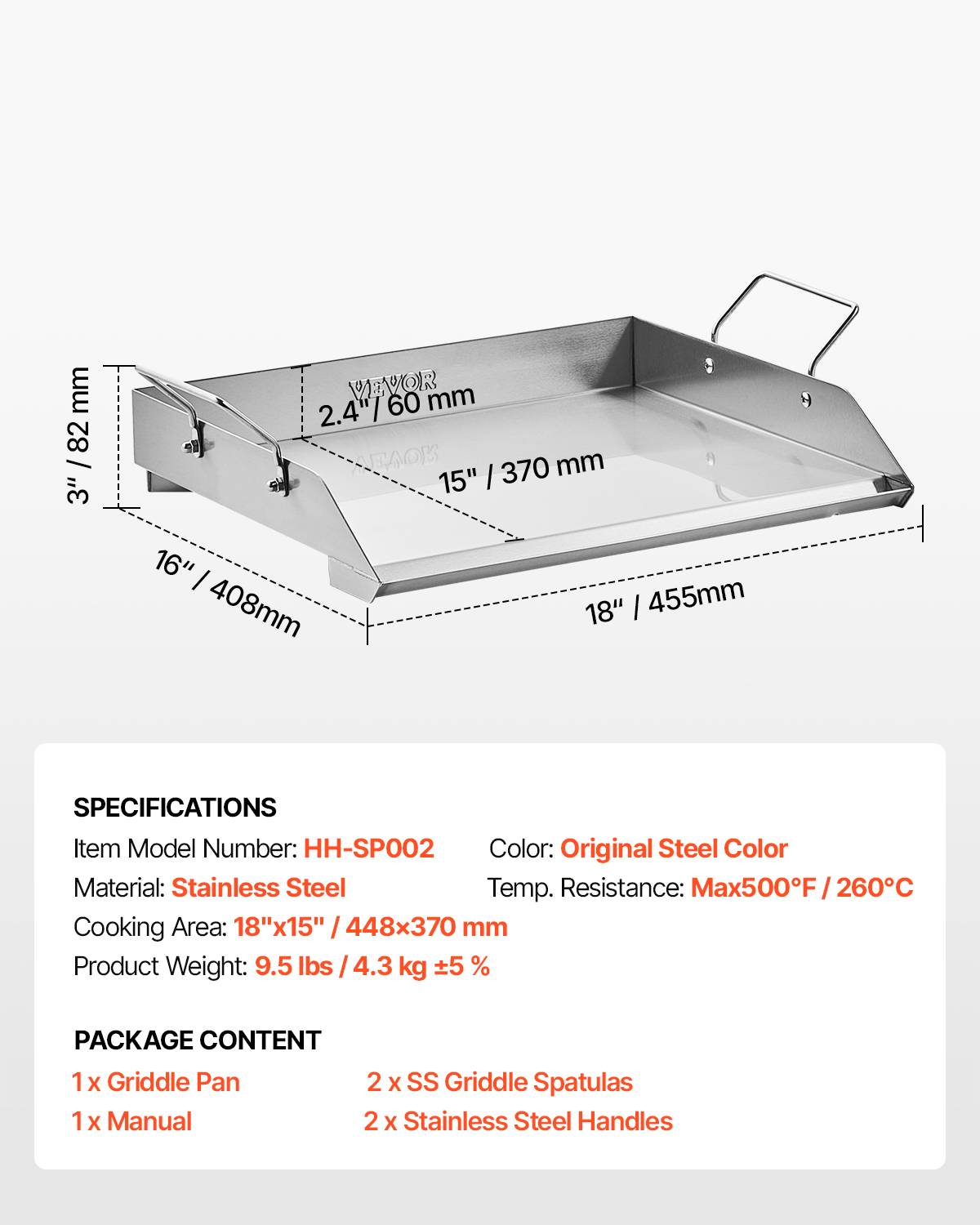VEVOR Plaque cuisson acier inox, 448x370 mm, rectangulaire. Pour gaz, camping, fête. - Image 7
