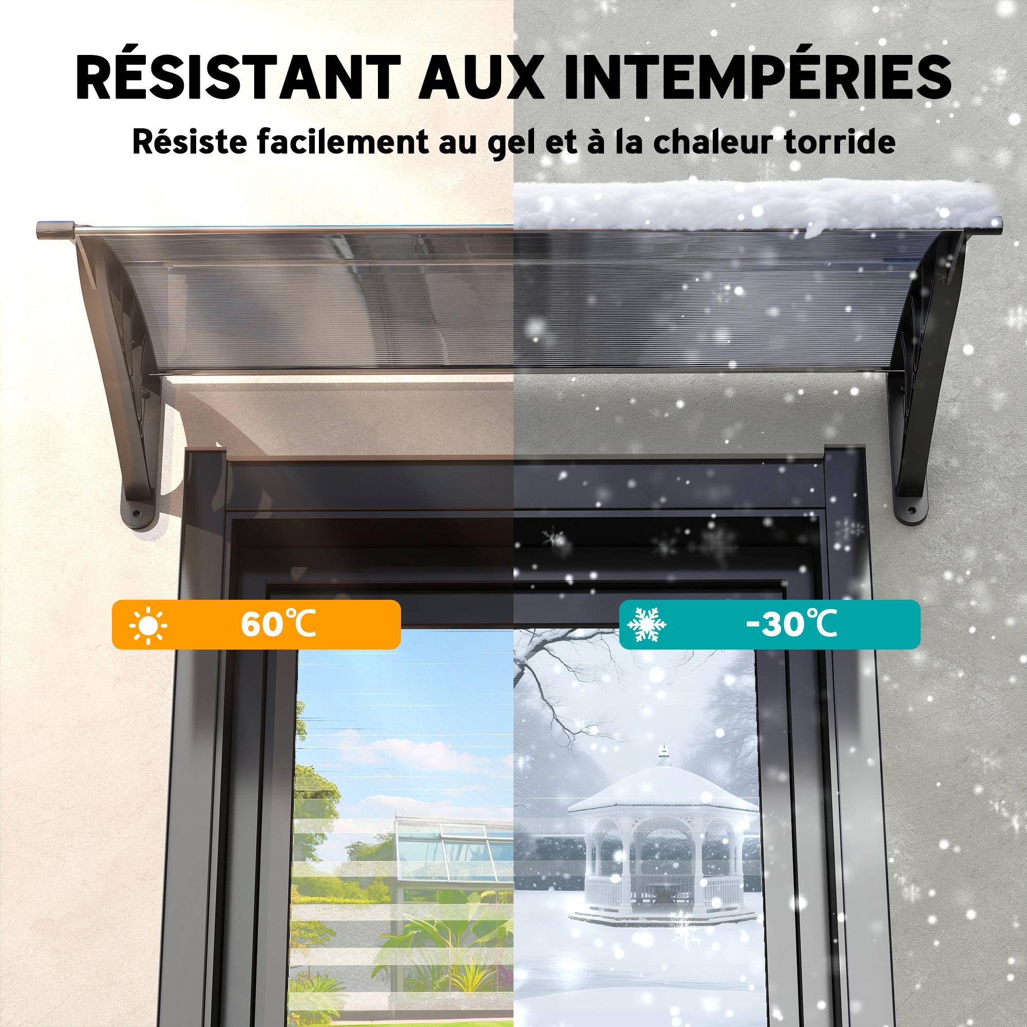Auvent de porte d'entrée, toit marquise de porte exterieur en polycarbonate et aluminium résistante 100 x 75 cm noir - Image 8