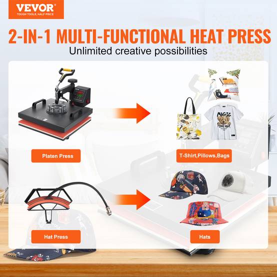 VEVOR Presse à chaud 2-en-1, 38x38cm, 1200W, contrôle numérique, pour sublimation sur textiles et objets. - Image 2