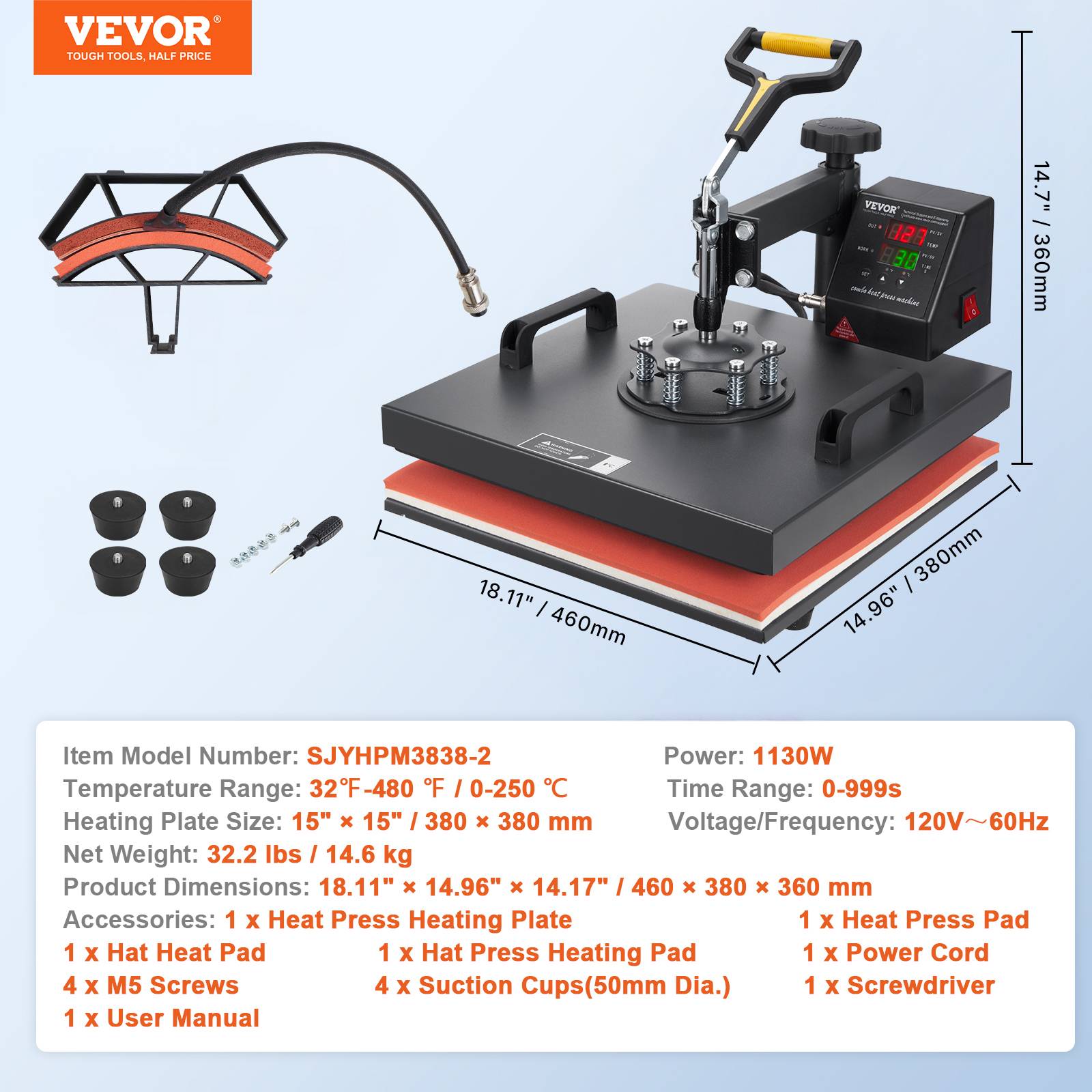 VEVOR Presse à chaud 2-en-1, 38x38cm, 1200W, contrôle numérique, pour sublimation sur textiles et objets. - Image 7