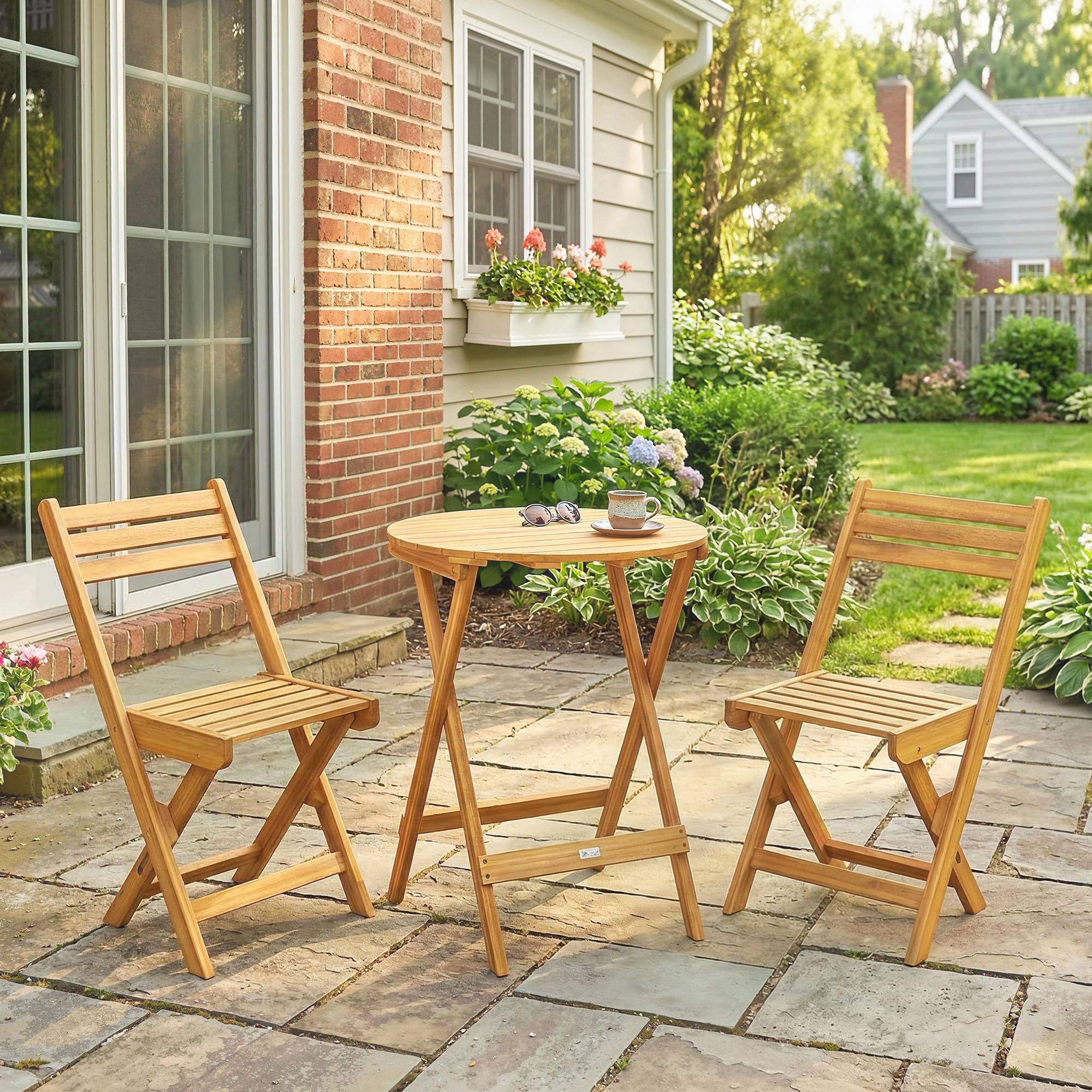 Ensemble de Bistrot 3 Pièces Pliable en Bois d'Acacia avec Table Ronde et 2 Chaises, san Montage, 60x60x75cm, Naturel - Image 4