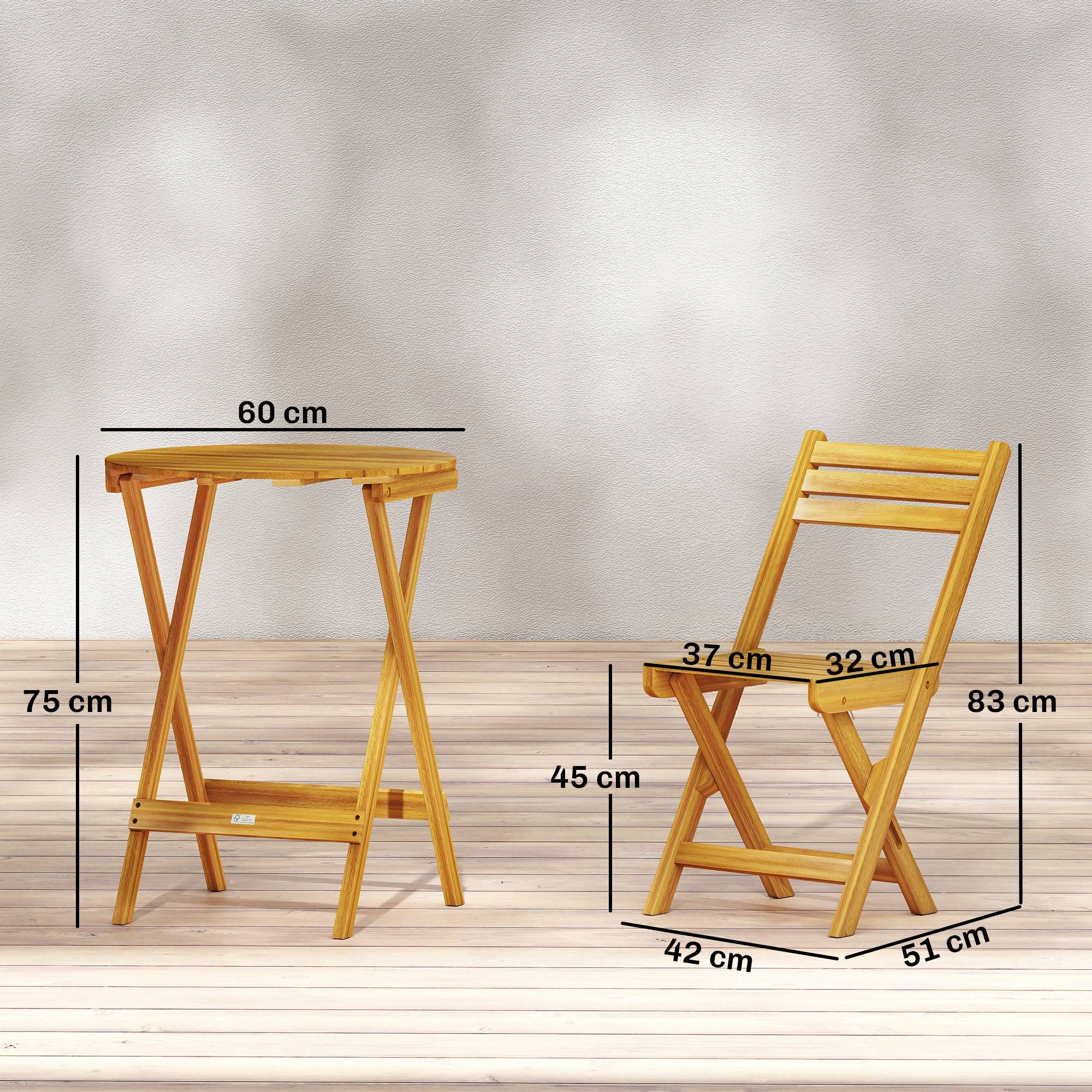 Ensemble de Bistrot 3 Pièces Pliable en Bois d'Acacia avec Table Ronde et 2 Chaises, san Montage, 60x60x75cm, Naturel - Image 5