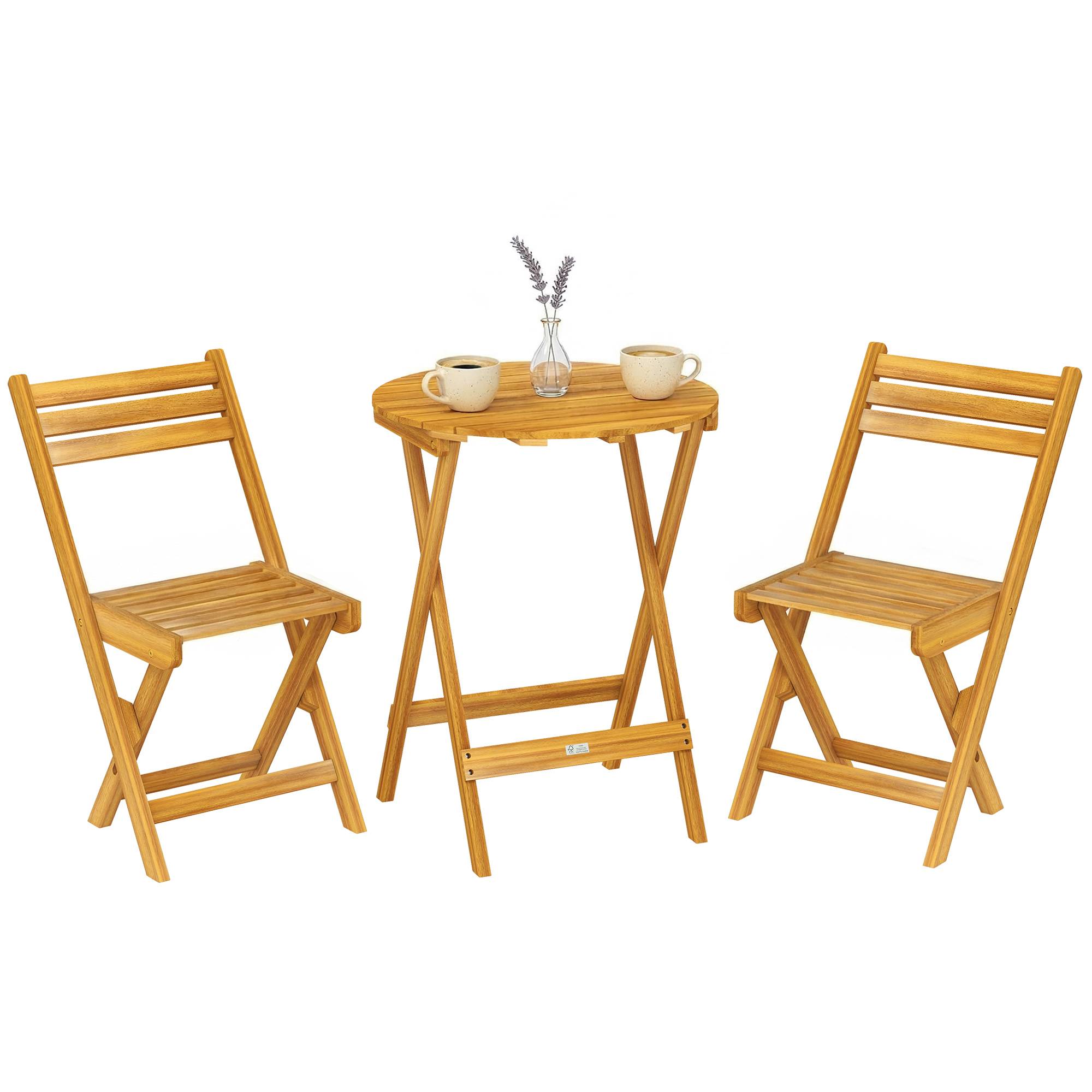 Ensemble de Bistrot 3 Pièces Pliable en Bois d'Acacia avec Table Ronde et 2 Chaises, san Montage, 60x60x75cm, Naturel - Image 1