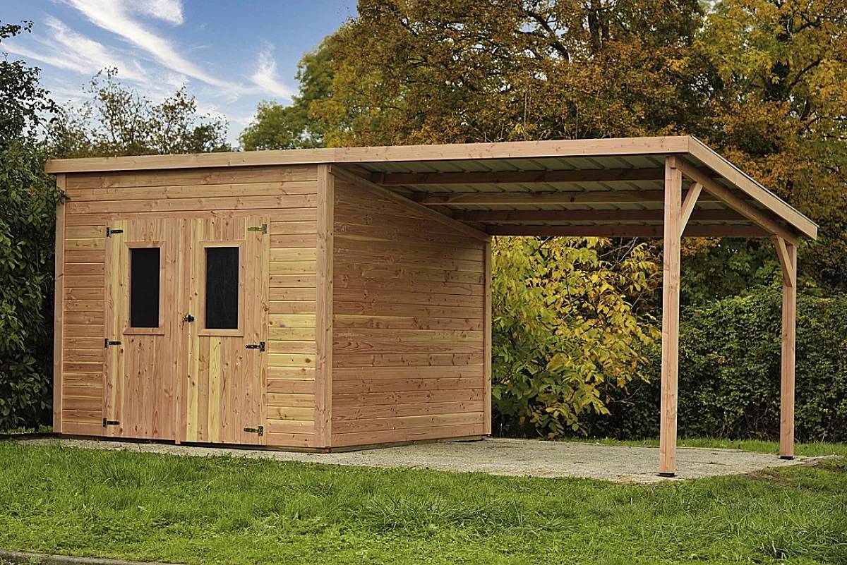 Habrita - Abri Madriers avec bûcher en douglas massif 28 mm couverture tôle acier galvanise S 320 GD+Z Surface exterieure 18,12 m2 Fabrique en France - Image 2
