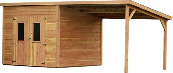 Habrita - Abri Madriers avec bûcher en douglas massif 28 mm couverture tôle acier galvanise S 320 GD+Z Surface exterieure 18,12 m2 Fabrique en France - Image 1