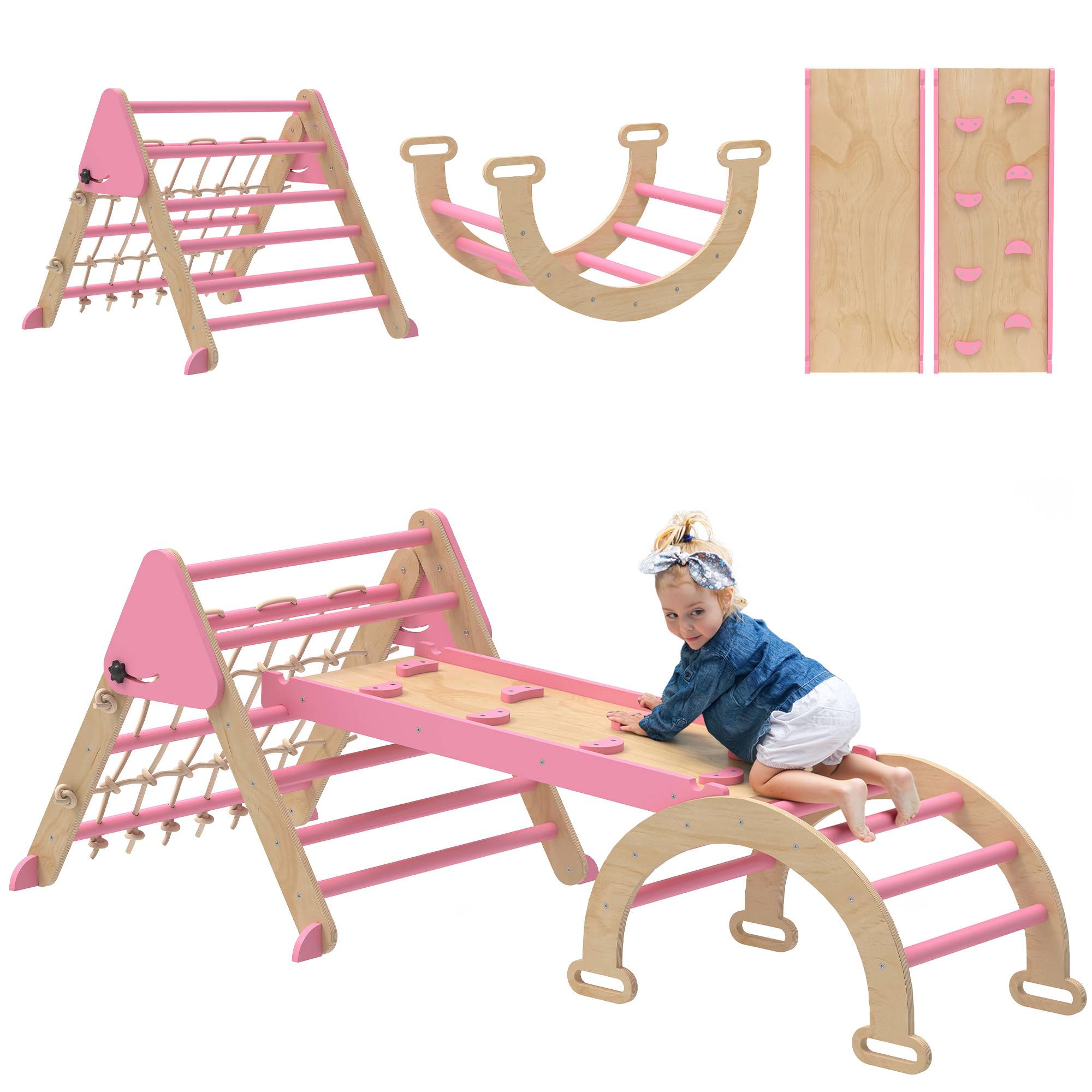 Triangle d'escalade enfants 8 en 1 avec rampe double face, arc d'escalade en bois avec toboggan & échelle, rose - Image 1