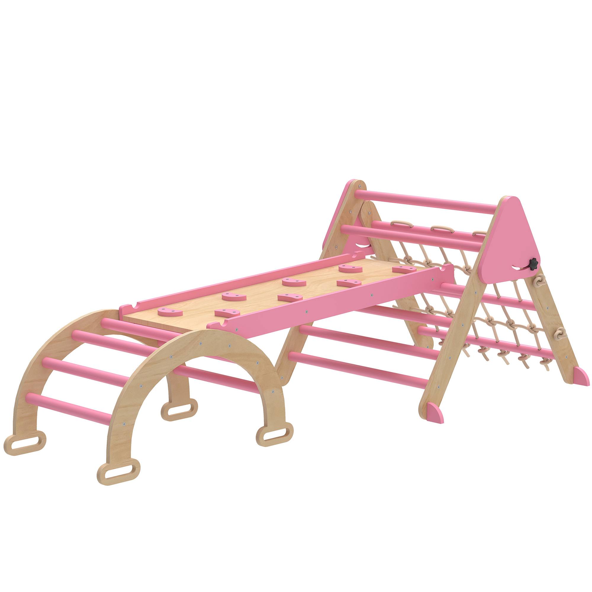 Triangle d'escalade enfants 8 en 1 avec rampe double face, arc d'escalade en bois avec toboggan & échelle, rose - Image 2