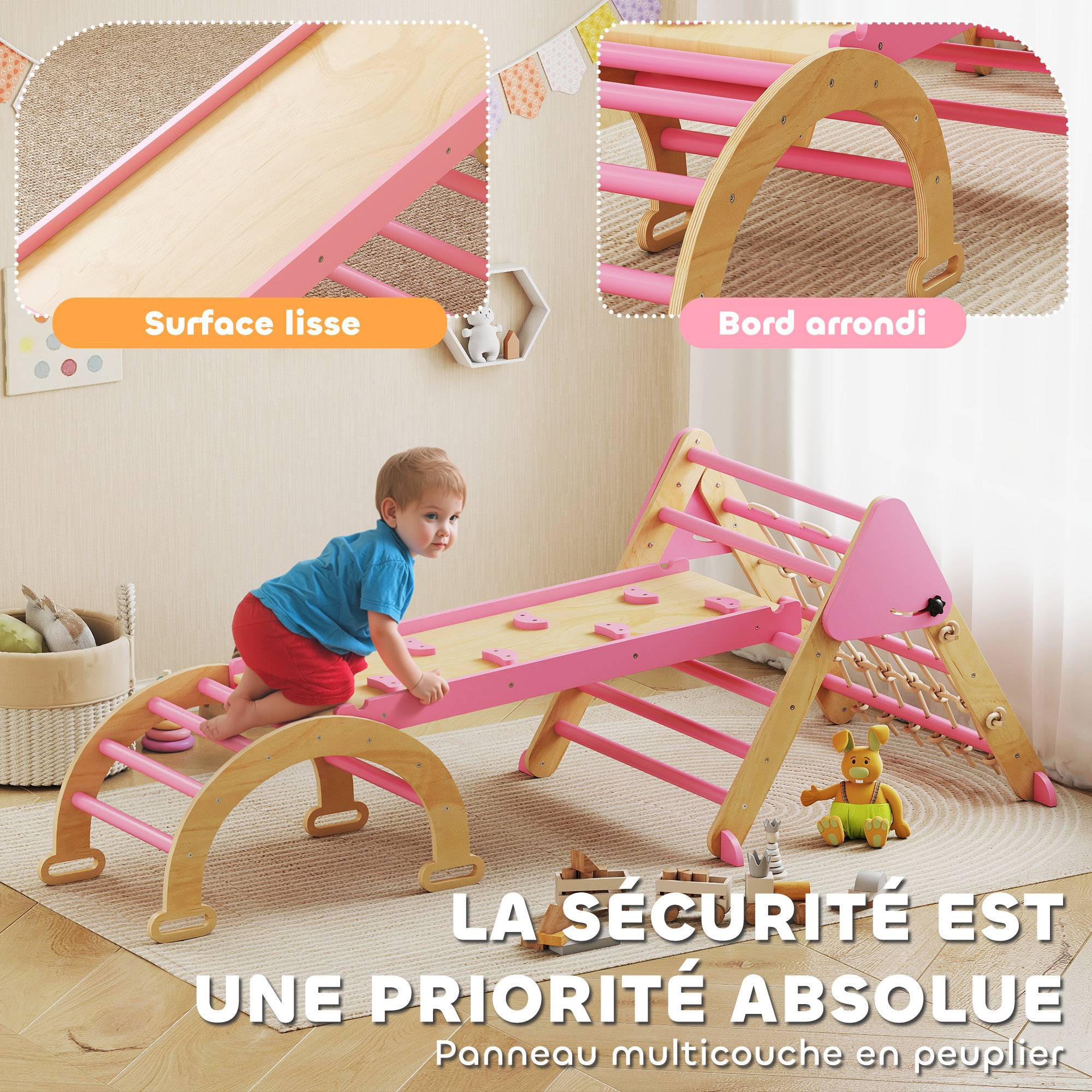 Triangle d'escalade enfants 8 en 1 avec rampe double face, arc d'escalade en bois avec toboggan & échelle, rose - Image 7