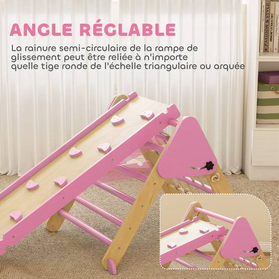 Triangle d'escalade enfants 8 en 1 avec rampe double face, arc d'escalade en bois avec toboggan & échelle, rose - Image 8
