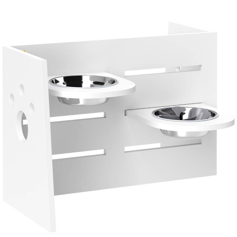 Support de gamelles surélevé réglable 3 hauteurs 63 x 58.5 x 40 cm MDF et acier inoxydable blanc - PANGIVO - Image 1