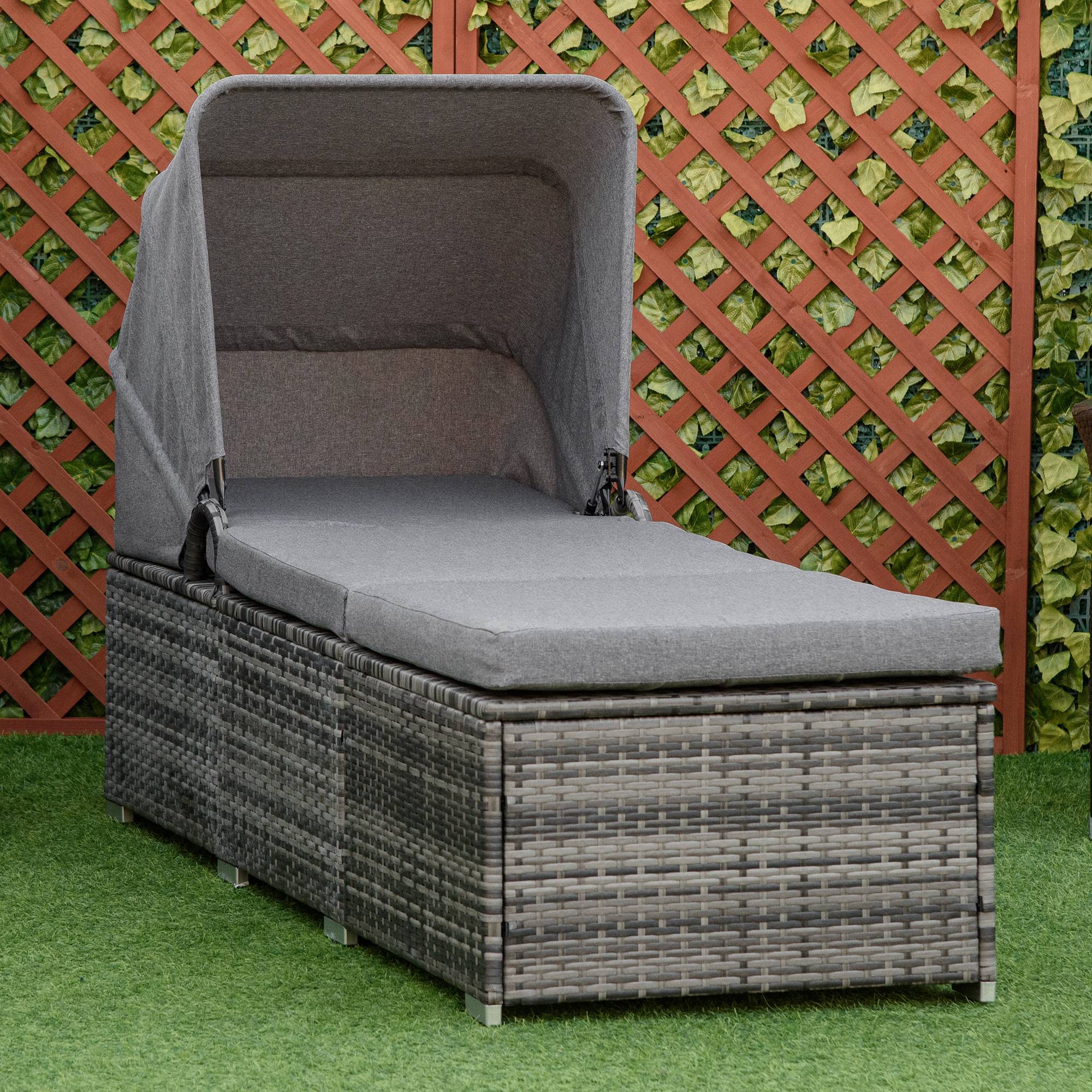ComfortXL - Bain de soleil en résine tressée et acier gris 195 x 65 x 40 cm jardin dossier réglable et pare-soleil - Image 1