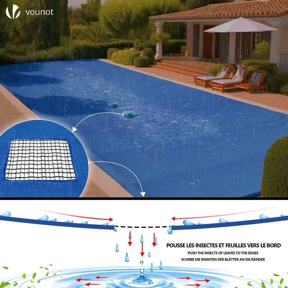 Bache piscine rectangulaire double couche en Polyethylene 160 gr/m2 avec filet ecoulement 5x10m Bleue - Image 4