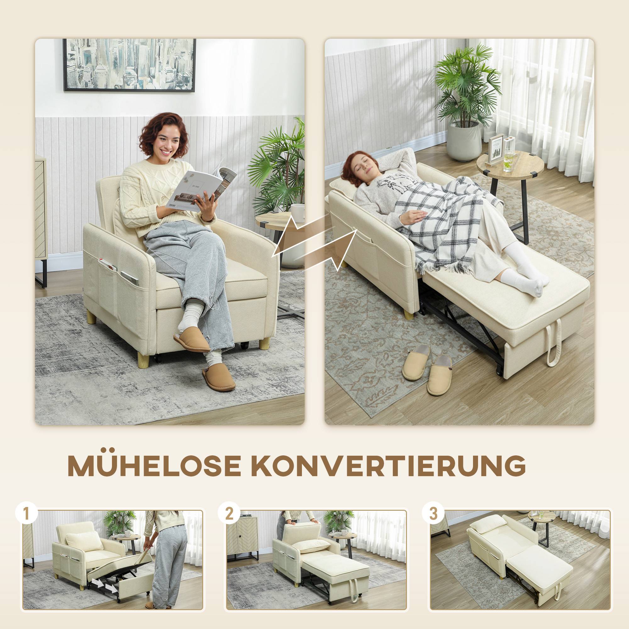 Fauteuil convertible 3 en 1 : fauteuil avec fonction lit, assise large idéale pour le salon, beige - Image 6