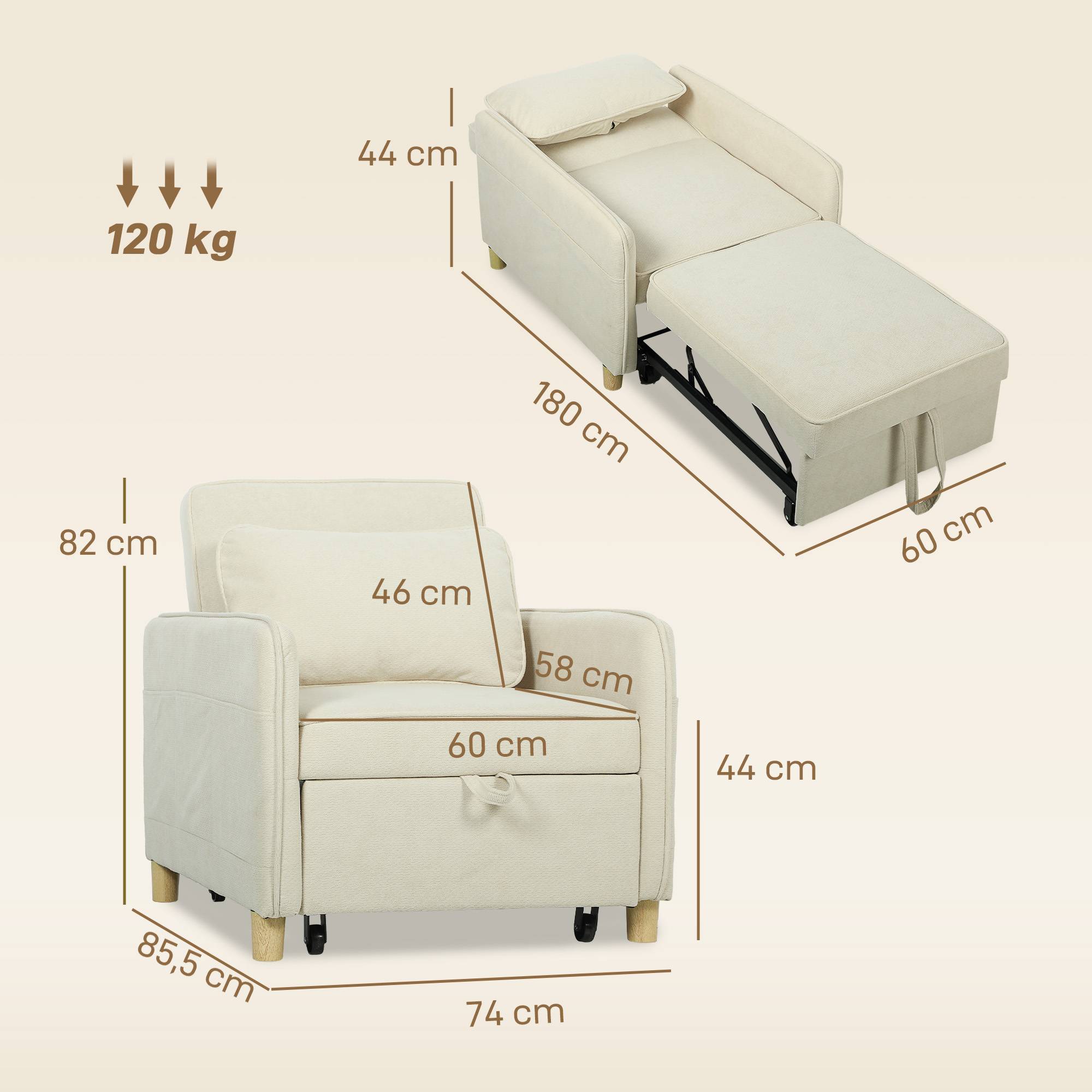 Fauteuil convertible 3 en 1 : fauteuil avec fonction lit, assise large idéale pour le salon, beige - Image 5