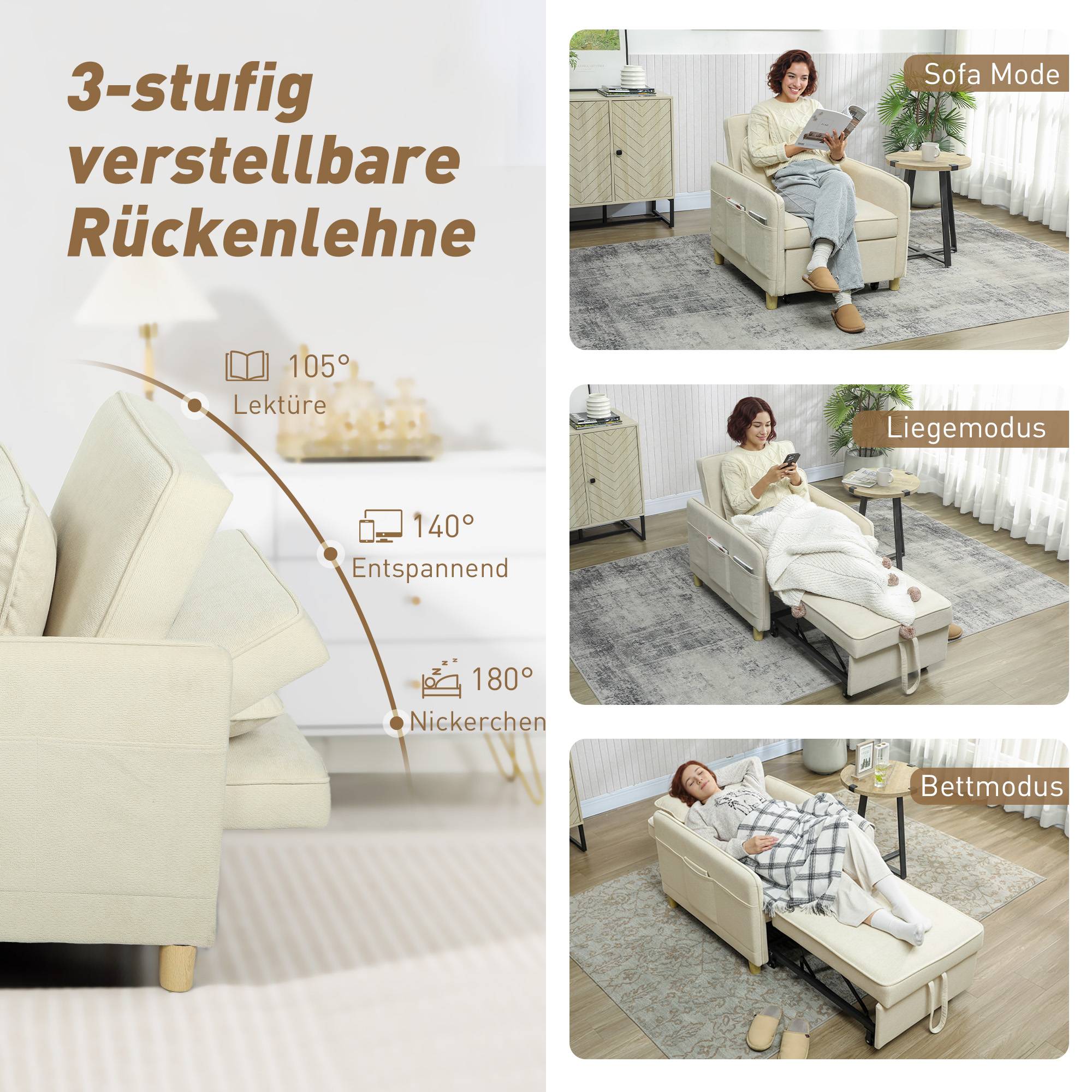 Fauteuil convertible 3 en 1 : fauteuil avec fonction lit, assise large idéale pour le salon, beige - Image 7