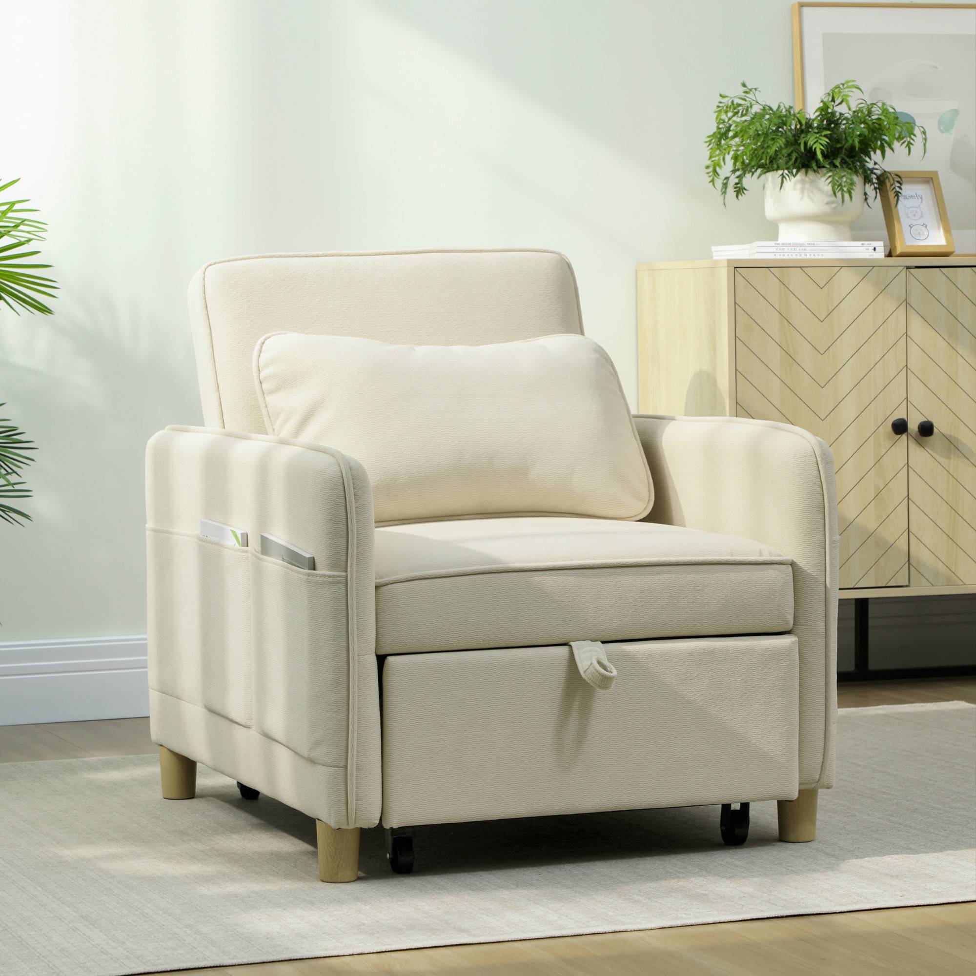 Fauteuil convertible 3 en 1 : fauteuil avec fonction lit, assise large idéale pour le salon, beige - Image 4