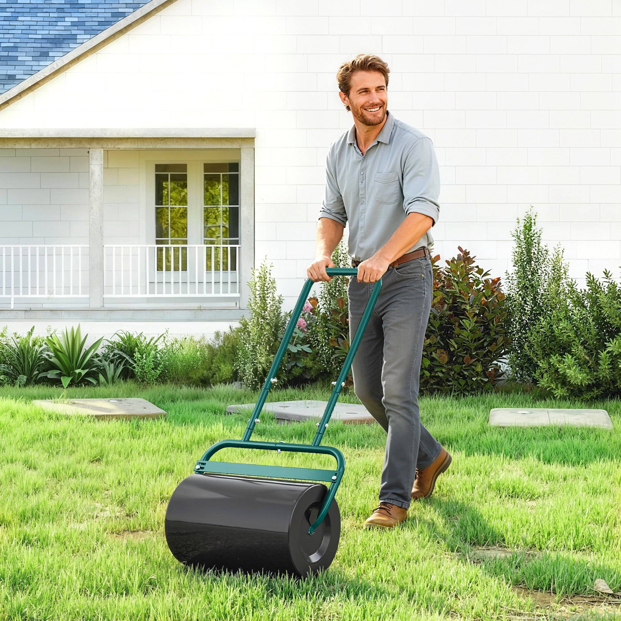 ComfortXL - Rouleau à gazon acier vert foncé 58 x 32,5 x 113 cm à remplir pour pelouse avec poignée en U pousser ou tirer - Image 1