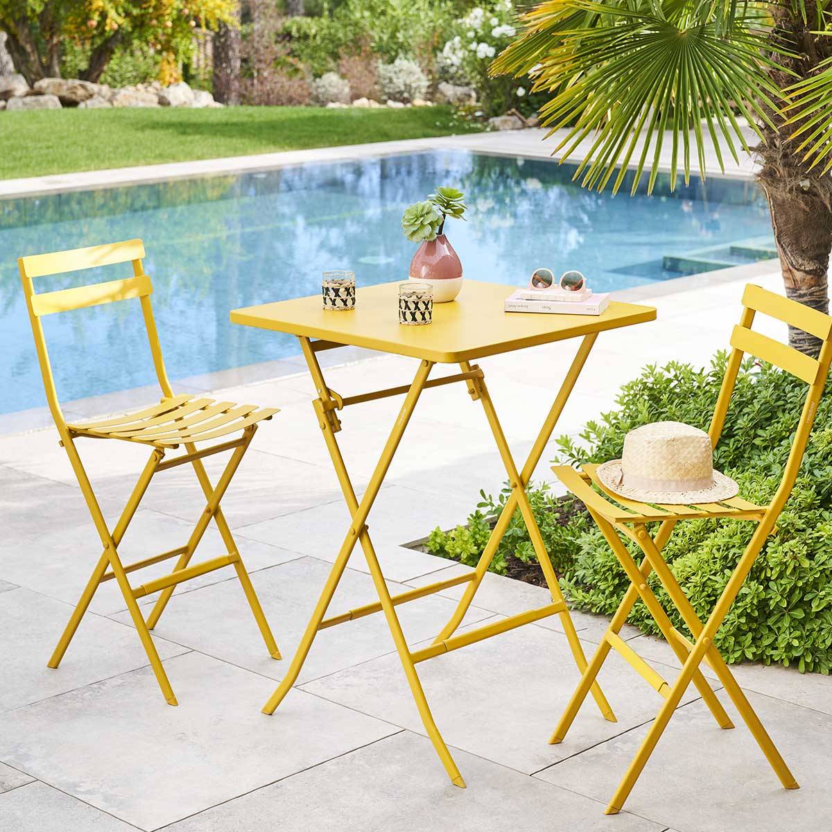 Hesperide - Table haute pliante de jardin "Greensboro" jaune moutarde 2 places en acier traité époxy Hespéride - Image 5