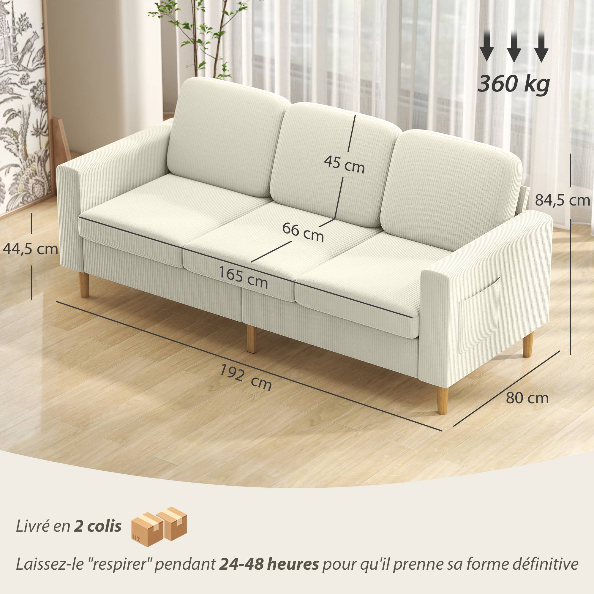 Canapé 3 places en velours côtelé, canapé avec coussins à ressorts et assise rembourré, 192x80x84,5cm, beige - Image 5