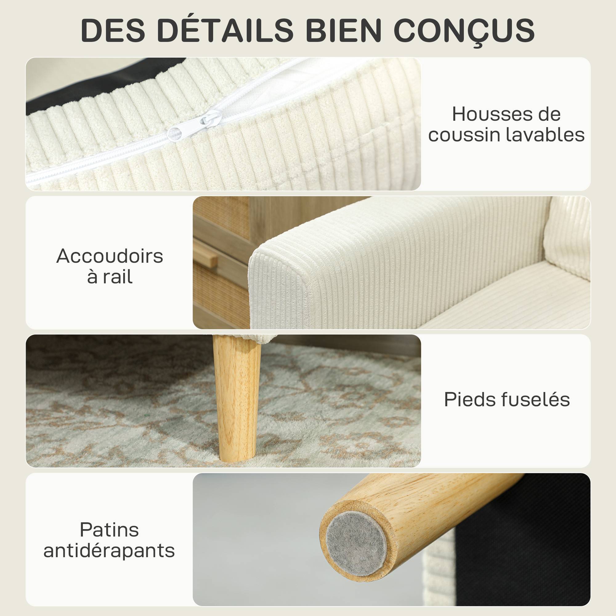 Canapé 3 places en velours côtelé, canapé avec coussins à ressorts et assise rembourré, 192x80x84,5cm, beige - Image 8
