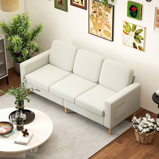 Canapé 3 places en velours côtelé, canapé avec coussins à ressorts et assise rembourré, 192x80x84,5cm, beige - Image 10