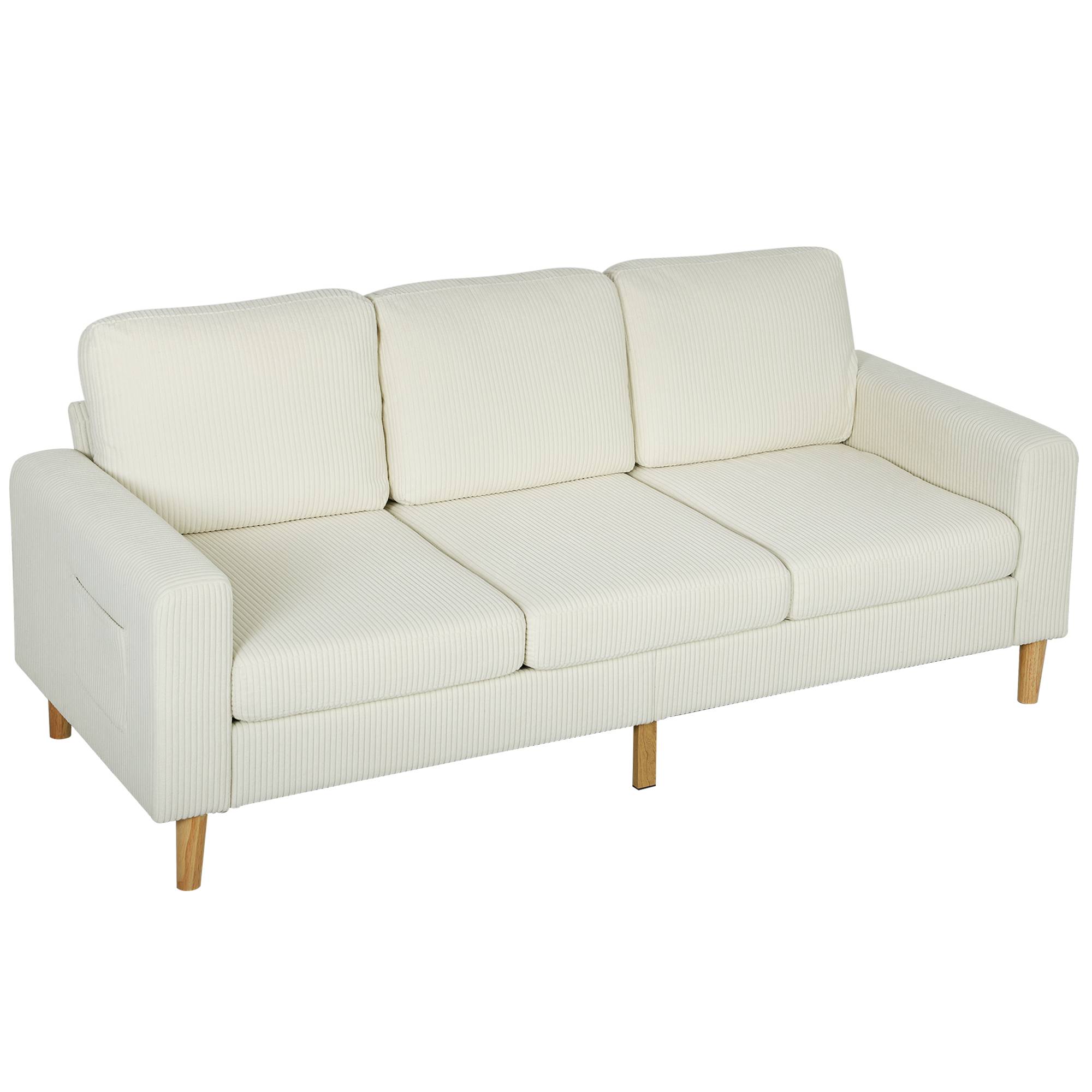 Canapé 3 places en velours côtelé, canapé avec coussins à ressorts et assise rembourré, 192x80x84,5cm, beige