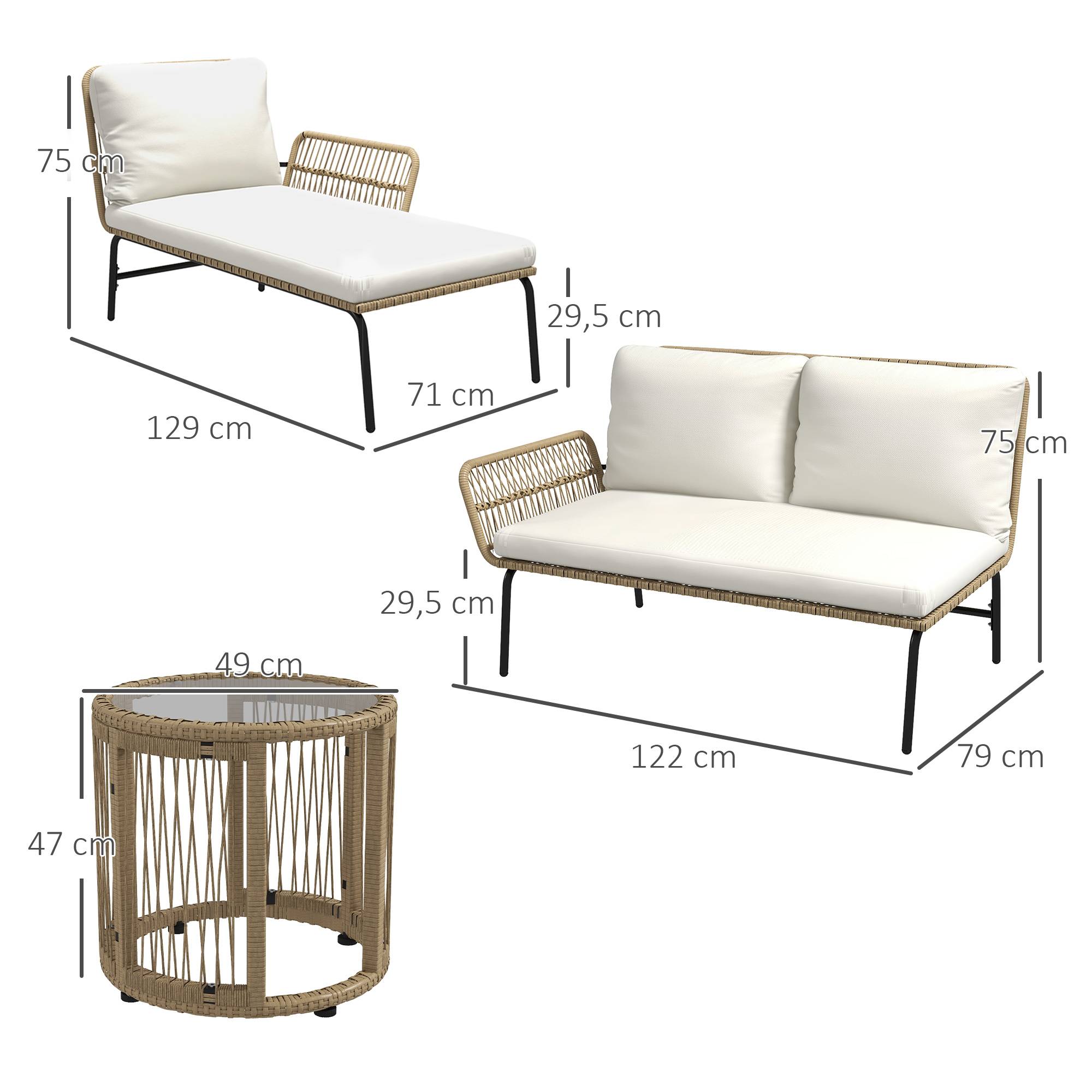 Sans Marque - Salon de jardin extérieur d'angle 3 places en résine tressée avec canapés, chaise longue, table basse et coussins, crème - Image 5