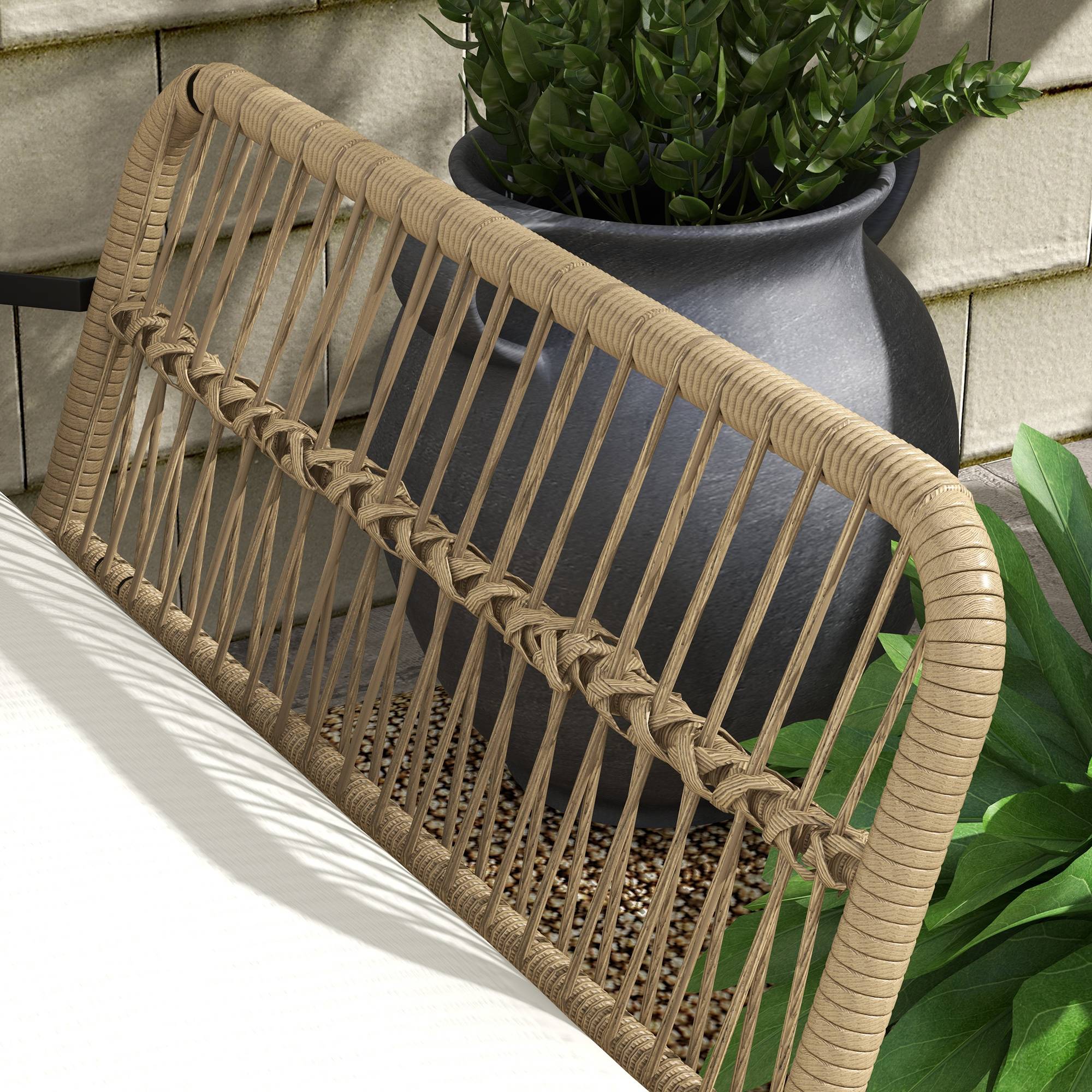 Sans Marque - Salon de jardin extérieur d'angle 3 places en résine tressée avec canapés, chaise longue, table basse et coussins, crème - Image 9