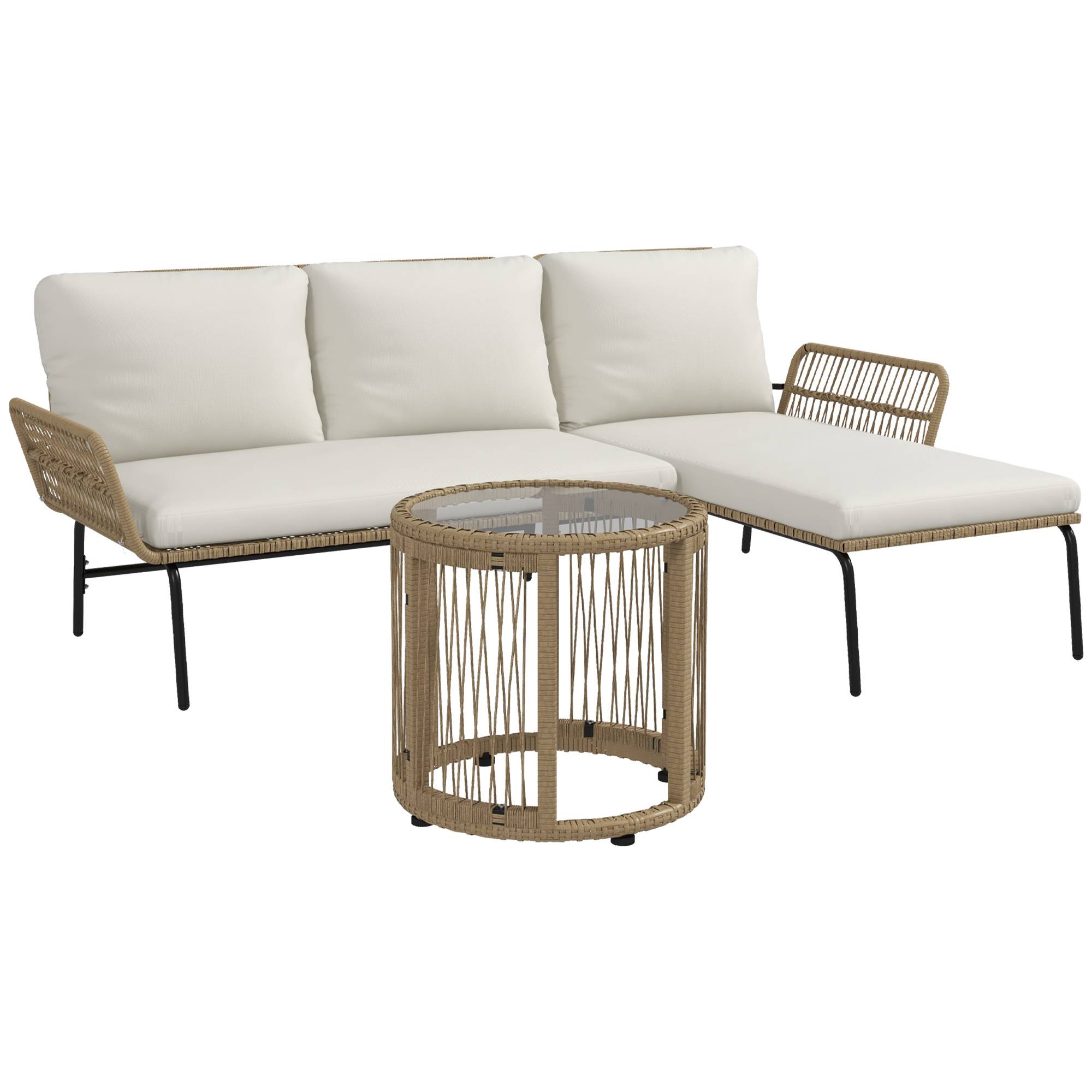 Sans Marque - Salon de jardin extérieur d'angle 3 places en résine tressée avec canapés, chaise longue, table basse et coussins, crème - Image 1